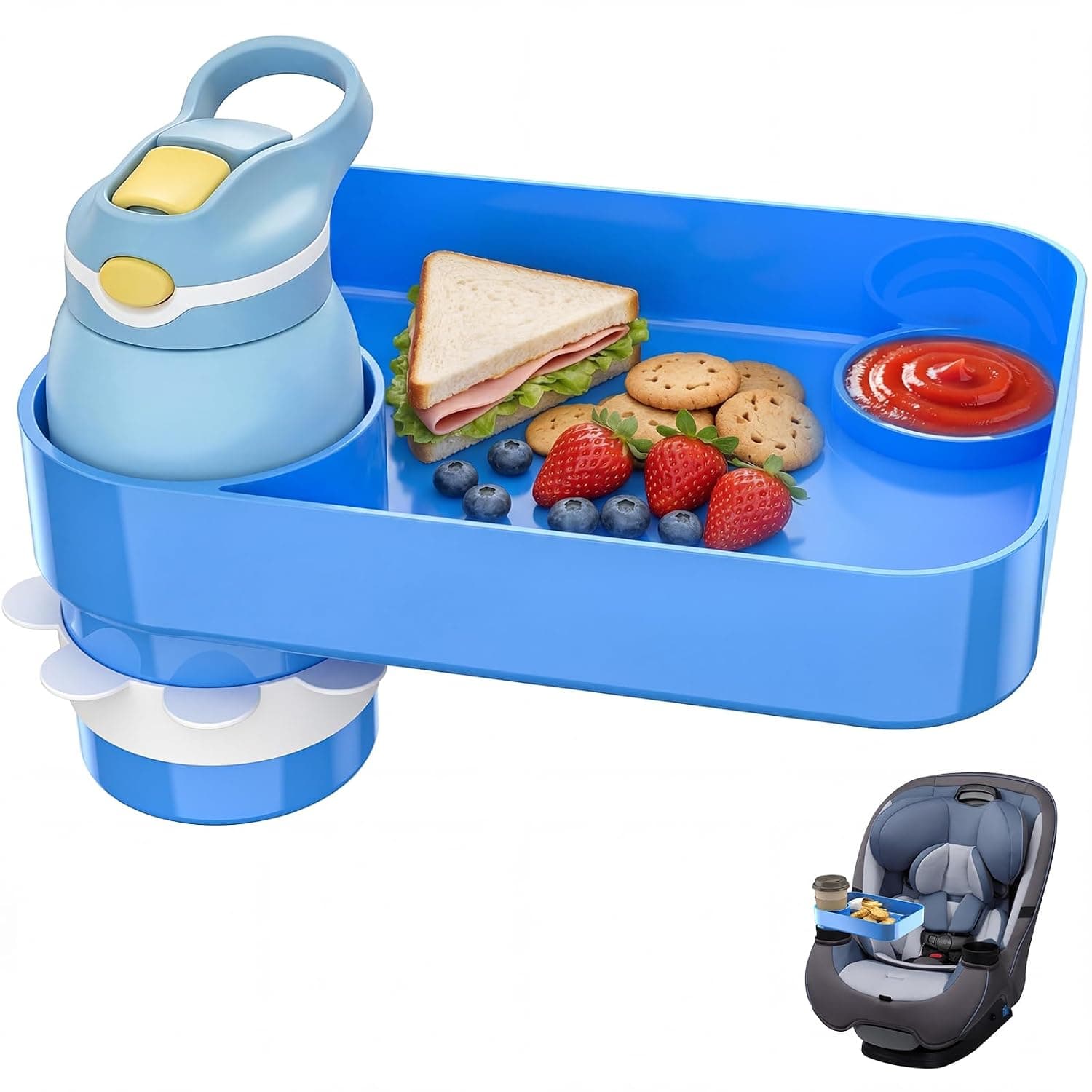 Kids Car Seat Tray, Travel Tray with Cup Holder for Toddler Baby, Kids Car Seat Food Snack Organizer for Road Trip, Stroller Snack Organizer Travel Must Haves Toddler Must Haves (Blue, 1 Pack)