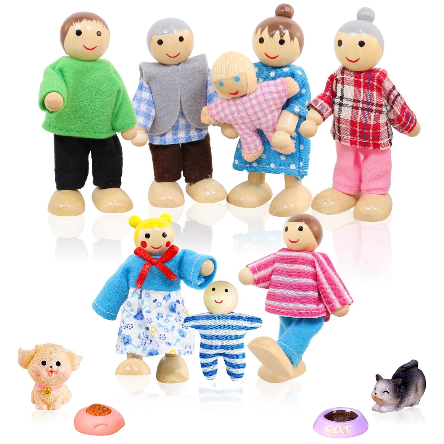 Dollhouse Dolls, 14 Pieces Wooden Dolls Family Set Bending Dolls Doll Family Figures with Cat and Dog Toy Mini Doll Family for Dollhouse Accessories Gift