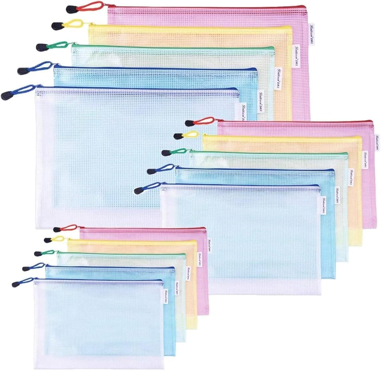 15 Pack Mesh Zipper Pouch Document Bag, A3|A4|A5 Size, Each Size 5PCS, 5 Color Zipper Bags, for Office, Home and Business Travel