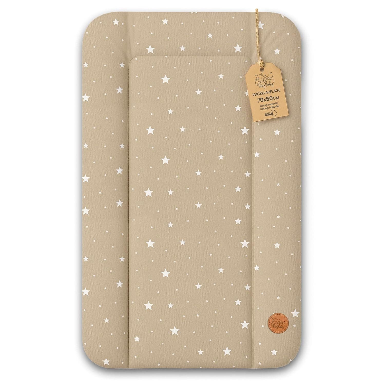 Changing pad wipeable and waterproof 70 x 50 cm cm - changing mat to place on changing table, changing top, changing dresser, or washing machine, changing mat Oeko-Tex Beige with white stars