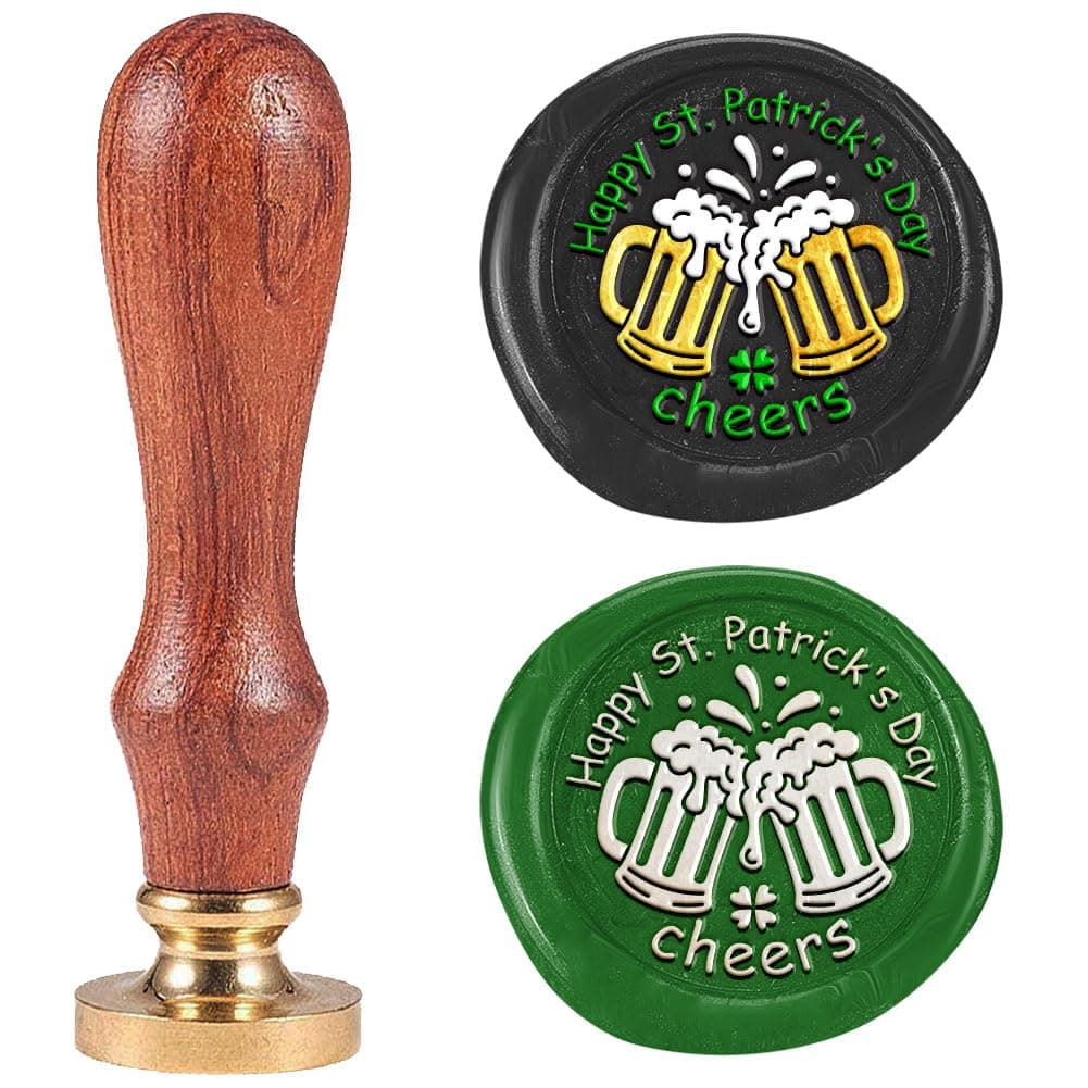 Happy St. Patrick's Day Cheers Wax Seal Stamp 1" Vintage Sealing Stamps Removable Brass Head Seal Stamp with Wooden Handle for St. Patrick's Day Greeting Card Invitations Gift Wrapping