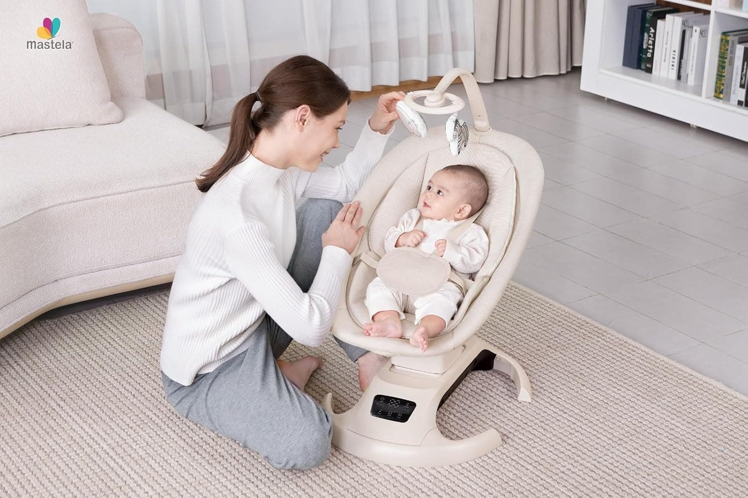 Smart Newborn Baby Rocking Chair – Electric Swing – Multifunctional Electric Baby Bed – Comfortable & Safe Seat with Safety Belt & Hanging Toys – Modern Design to Soothe and Sleep Infant (Beige)