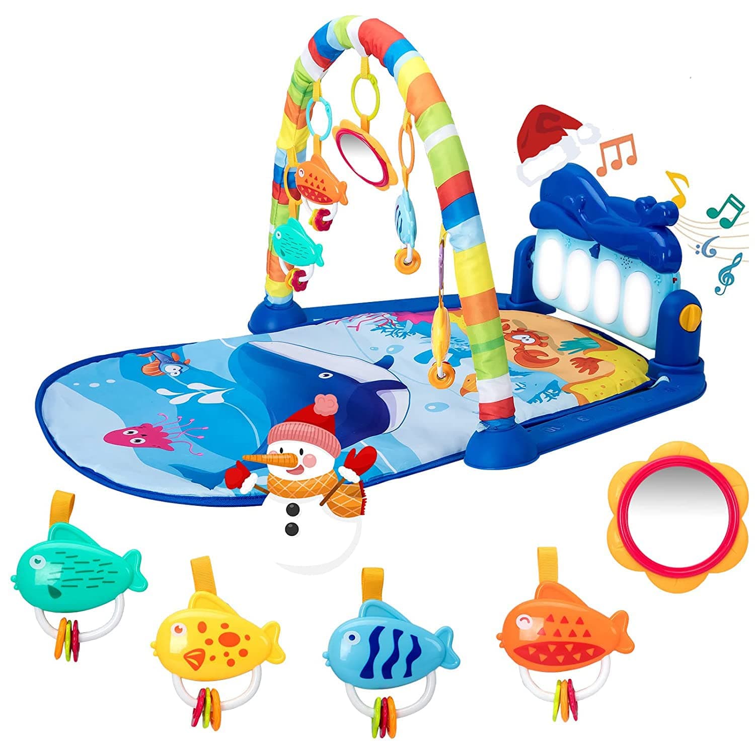 Baby Play Mat Baby Gym, Kick and Play Piano Tummy Time Baby Activity Gym Mat with 5 Infant Learning Sensory Baby Toys, Music and Lights Boy & Girl Gifts for Newborn Baby 0 to 3 6 9 12 Months