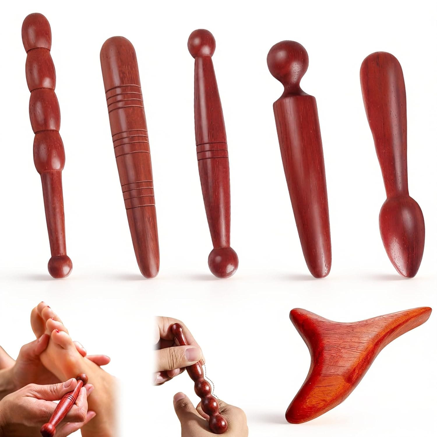 Pack of 6 Massage Wooden Trigger Point Pusher Massage Stick Compact Massage Sticks Natural Wood Acupressure Pen Massage Wood Set for Relaxation Feet Neck Shoulders Leg