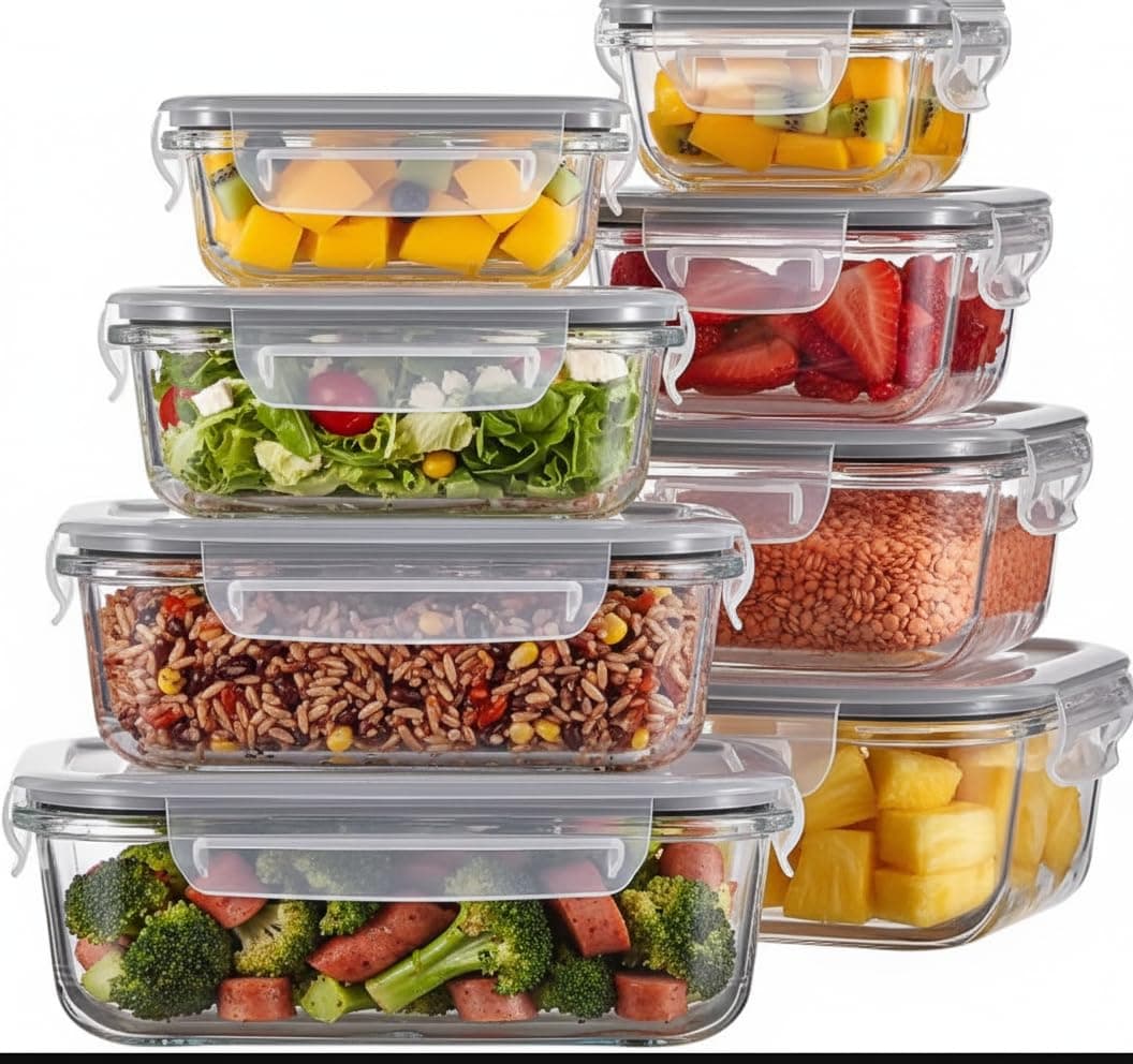 BAWABA 8-Pack Glass Food Storage Containers with Airtight Lids | Grey | Leakproof Meal Prep Containers | BPA-Free, Freezer, Fridge, Microwave and Dishwasher Safe