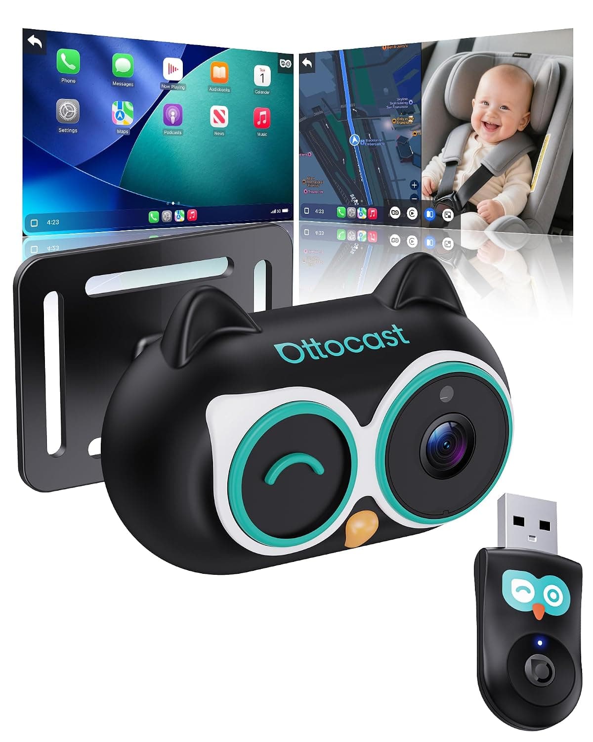 OTTOCAST Baby Car Camera for CarPlay, 1080P HD Rear Seat Monitor on Car Screen, 150° Wide Angle No-Glow Night View, Wireless CarPlay Adapter Included, Safety Camera for Kids & Infants