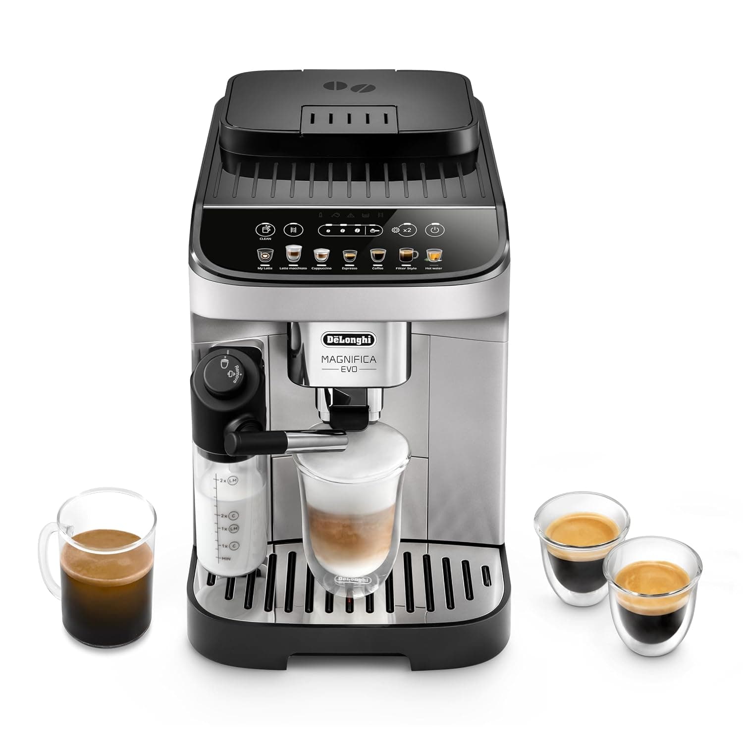 De'Longhi Magnifica Evo ECAM292.81.SB Fully Automatic Coffee Machine with Milk System, 7 Direct Selection Buttons for Cappuccino, Espresso and Other Coffee Specialities, Control Panel, 2-Cup Function,