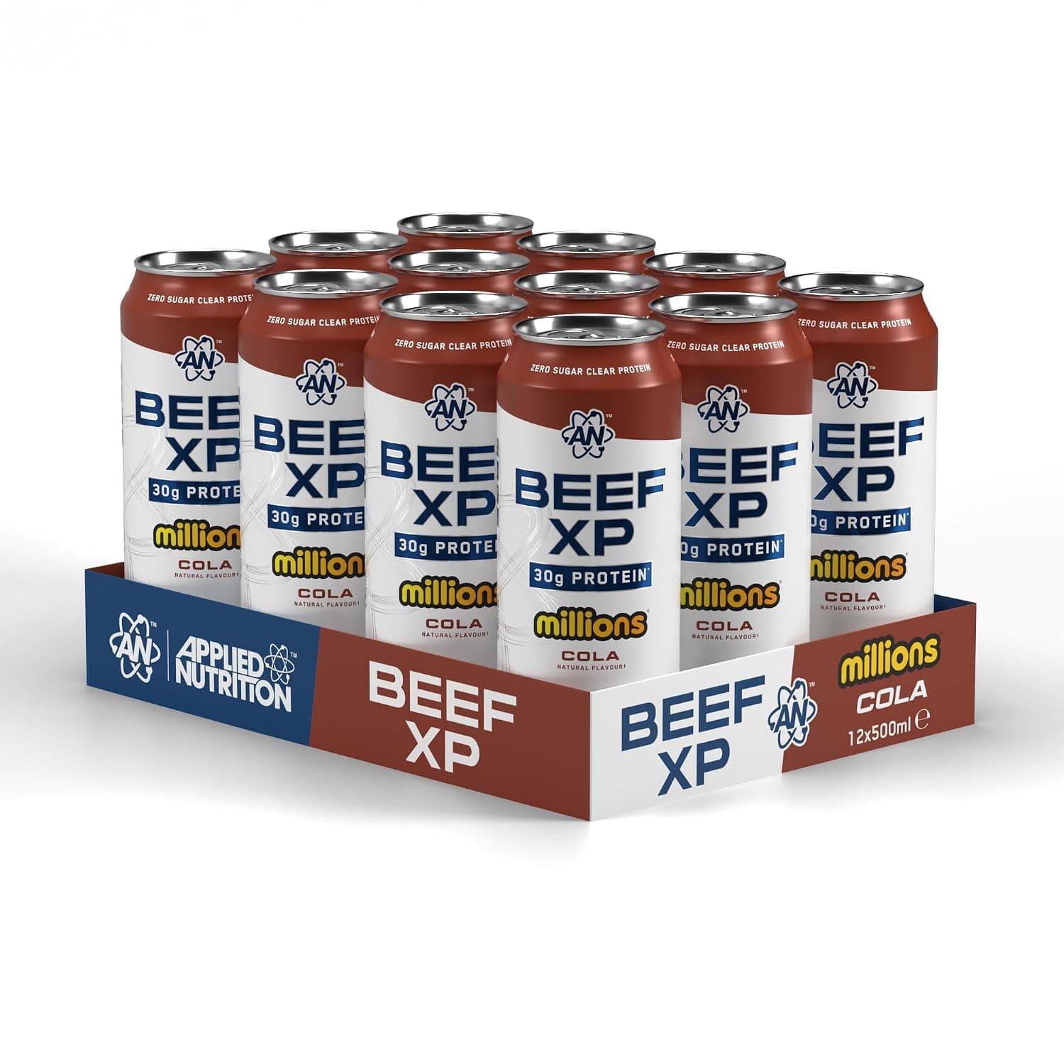 Applied Nutrition – Beef-XP Can Drink – 30g Clear Protein RTD – Best Zero-Sugar Protein – Best Carbonated Protein Drink – Muscle Recovery Boost – (Pack of 12 Cans x 500ml) (Millions Cola) | Carbonated protein drink, promotes muscle recovery (12-pack of 500ml cans)
