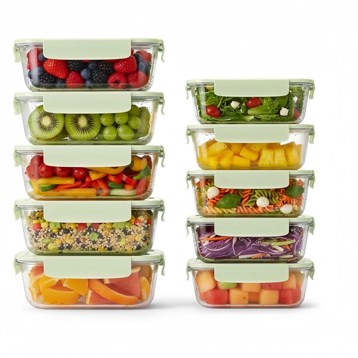 10 PCS Glass Food Storage Containers with Lids, 2 Sizes, Containers for Kitchen Food with Snap Locking Lids for Microwave, Oven, Fridge and Dishwasher, Green