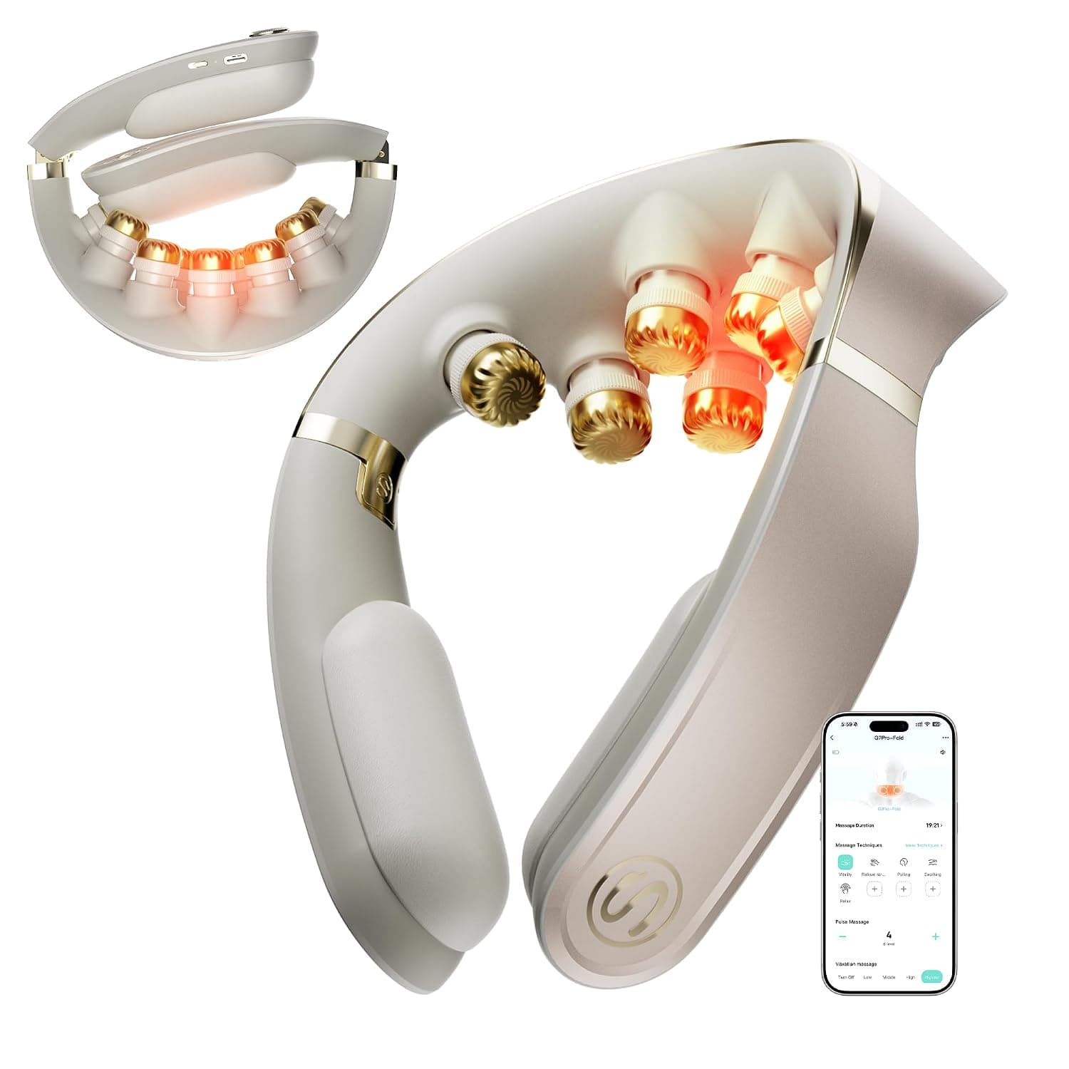 SKG FSA G7 Pro Fold 3.0 Tech Neck Massager for Strain Relief Deep Tissue | HSA Red Light Heat Vibration Forward Posture Relief, Cordless Foldable, 9 Massage Heads, 11 Modes Via App, Birthday Gifts