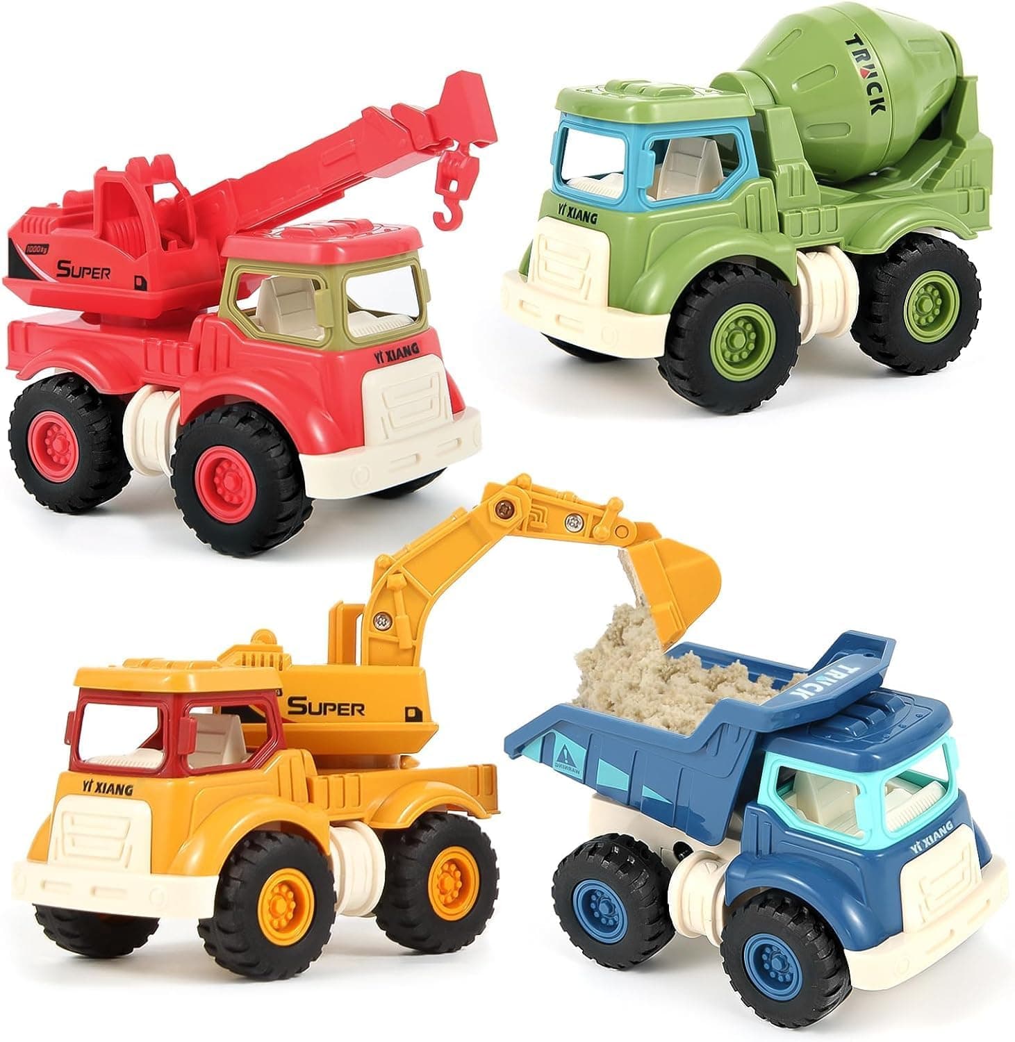 Joyzzz Construction Toys, 4PCS Sandbox Excavator Toy Set, Dump Truck & Cement Mixer Vehicles, Educational Building Toys for Kids Ages 1-5, Perfect Birthday Gifts for Boys and Girls