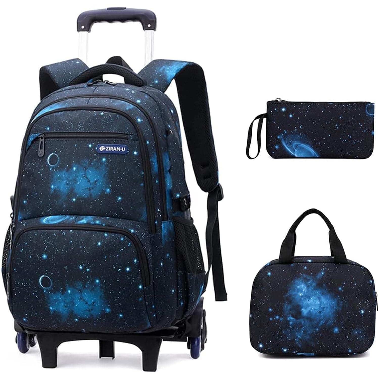 Mylindde Rolling Backpack, 3Pcs Trolley School Bag with Insulated Lunch Bag, Colorful Print Trolley Backpack Set, Multi-Pocket Trolley Elementary Bookbags School Bags on 6 Wheels
