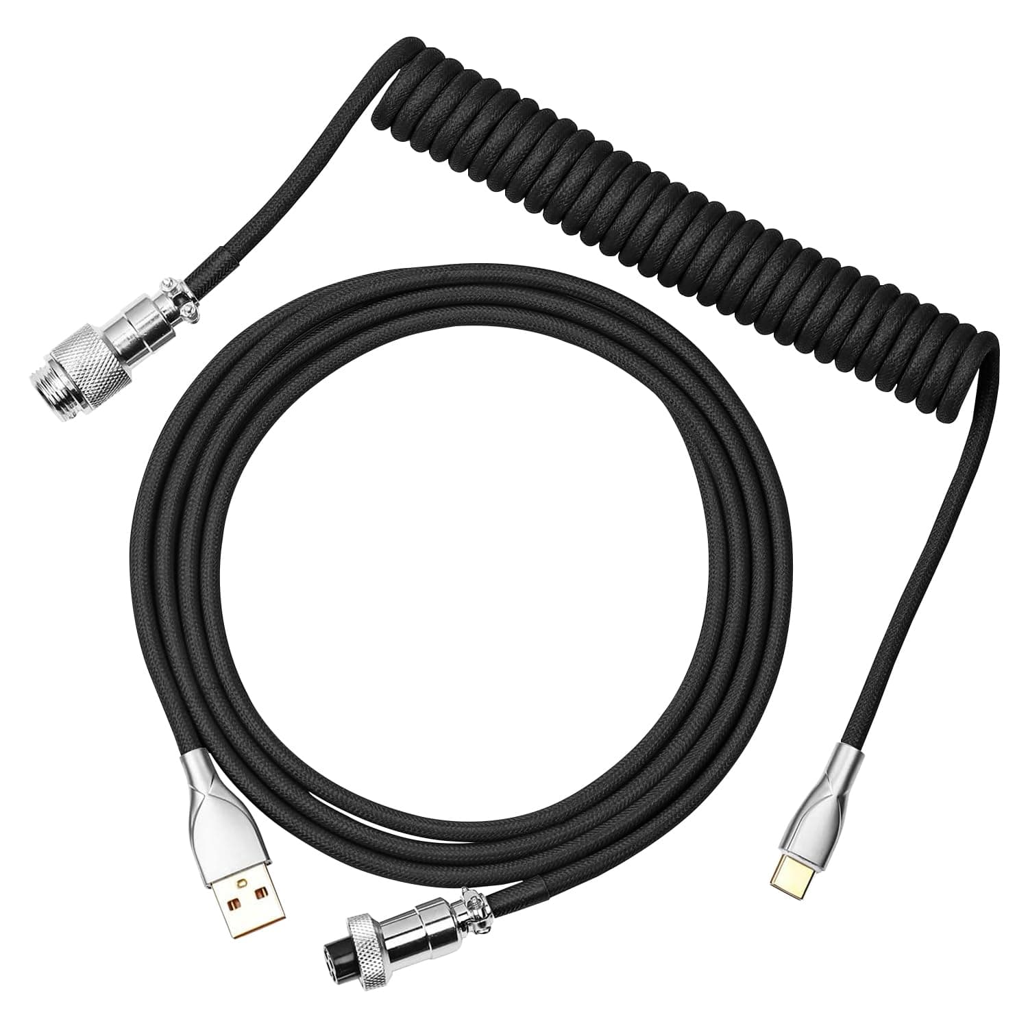 Yakiter Pro Custom Coiled USB C Cable for Gaming Keyboard,Mechanical Keyboard Cable with Detachable Metal Aviator, 1.5M USB-C to USB-A,Black