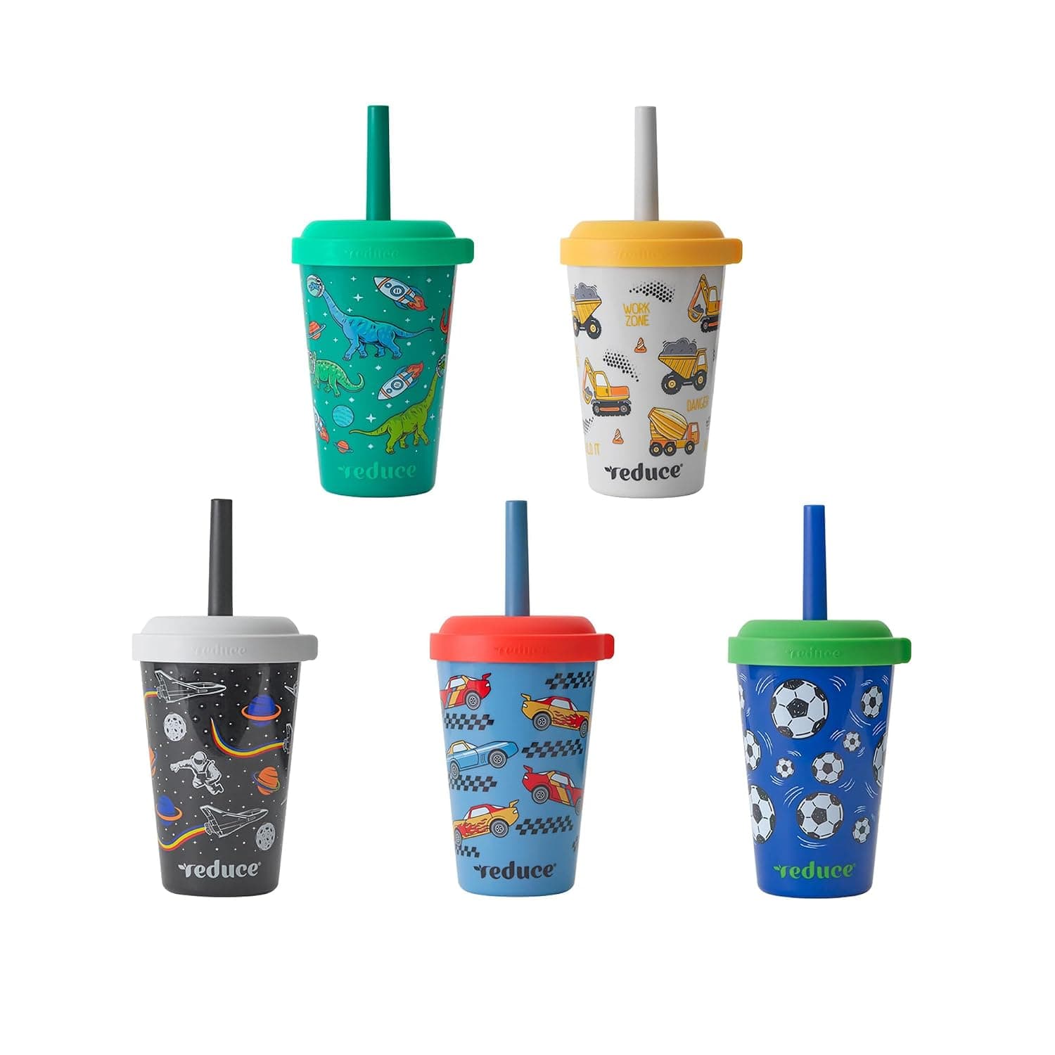 REDUCE GoGo's Kids 5-Pack 12oz Tumbler Cups with Lids & Spill-Proof Straws | Portable, stackable tumblers, twist-on lids, easy storage, dishwasher safe, New Explorer