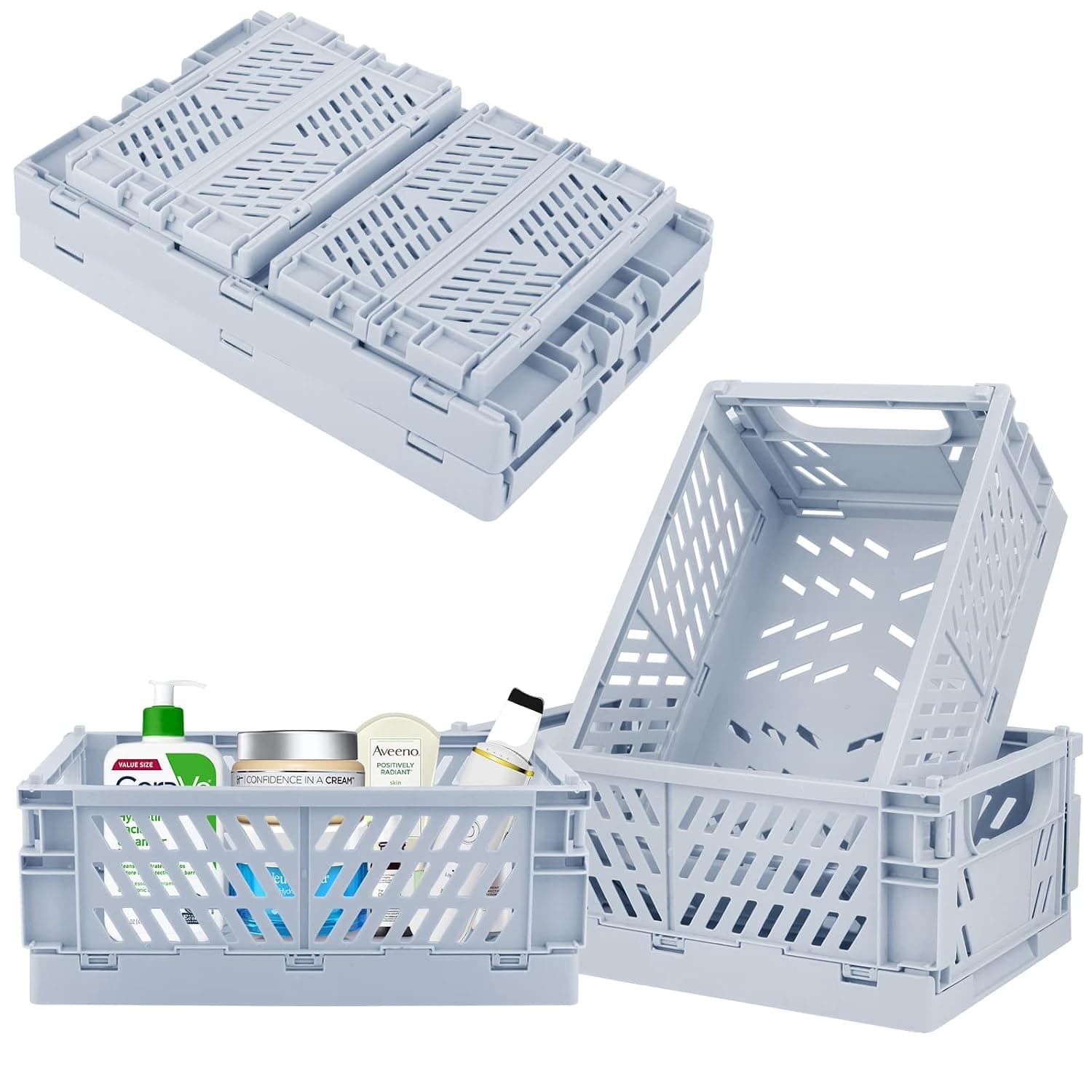 Plastic Storage Baskets for Desk Organizing, Office Drawer Organizer, 2 Medium+2 Small Durable Folding Storage Crate for Home Kitchen Classroom Office Bedroom and Bathroom Storage (Blue)