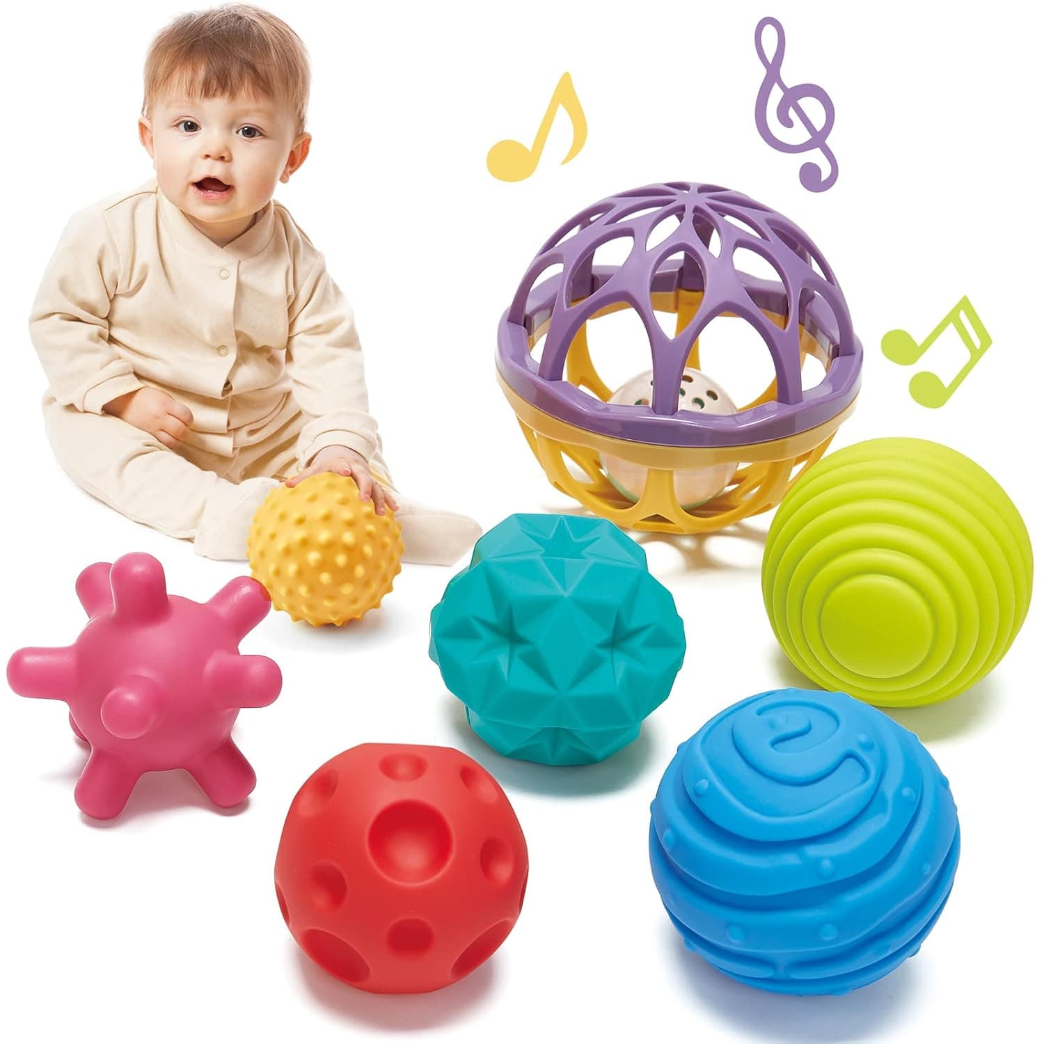 hahaland Sensory Balls for Toddlers 1-3 with Easy Catching Rattle Baby Toys 6-12 Months - Montessori Sensory Toys for Babies and Toddlers Ages 0-2 - 7PCS