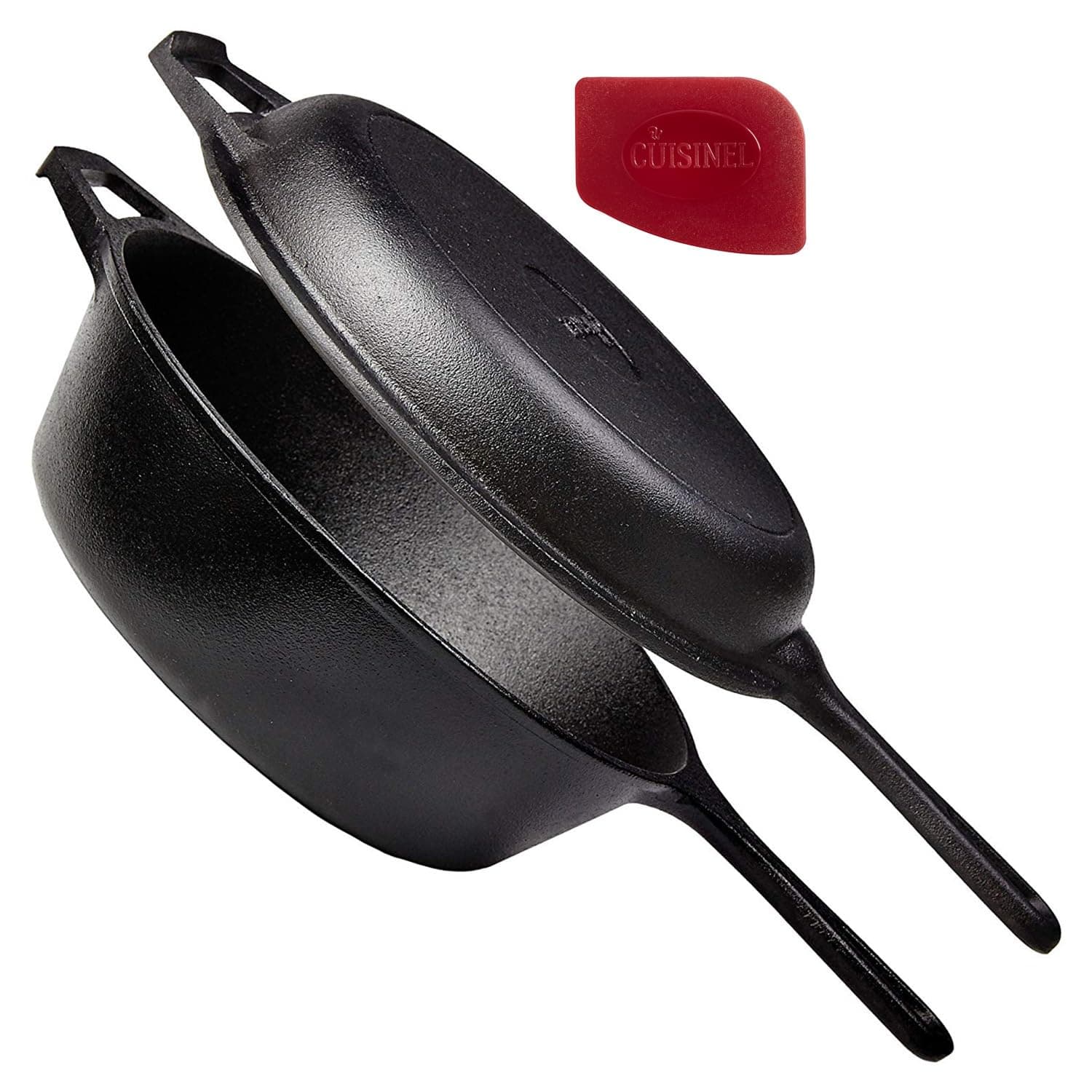 Cuisinel Cast Iron Skillet + Lid - 2-In-1 Multi Cooker - Deep Pot + Frying Pan - 3-Qt Dutch Oven - Pre-Seasoned Oven Safe Cookware - Indoor/Outdoor - Grill, Stovetop, Induction Safe - Great for Bread