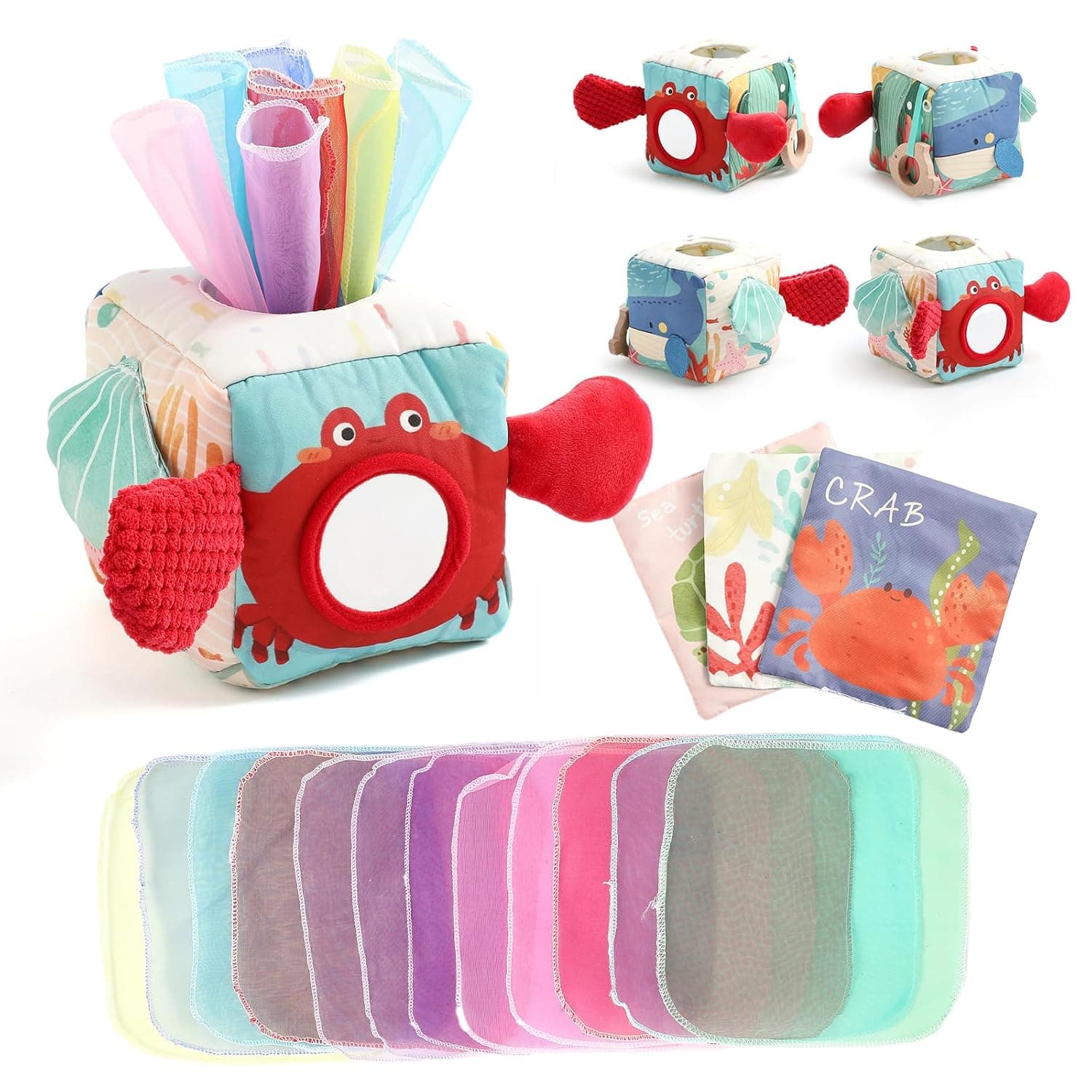 Montessori Toy Baby Tissue Box, Baby Sensory Toy, 6-12 Months, Motor Skills Toy, Tissue Box for Girls and Boys, Children Early Learning Toy Gifts with Mirror, Colours, Textures