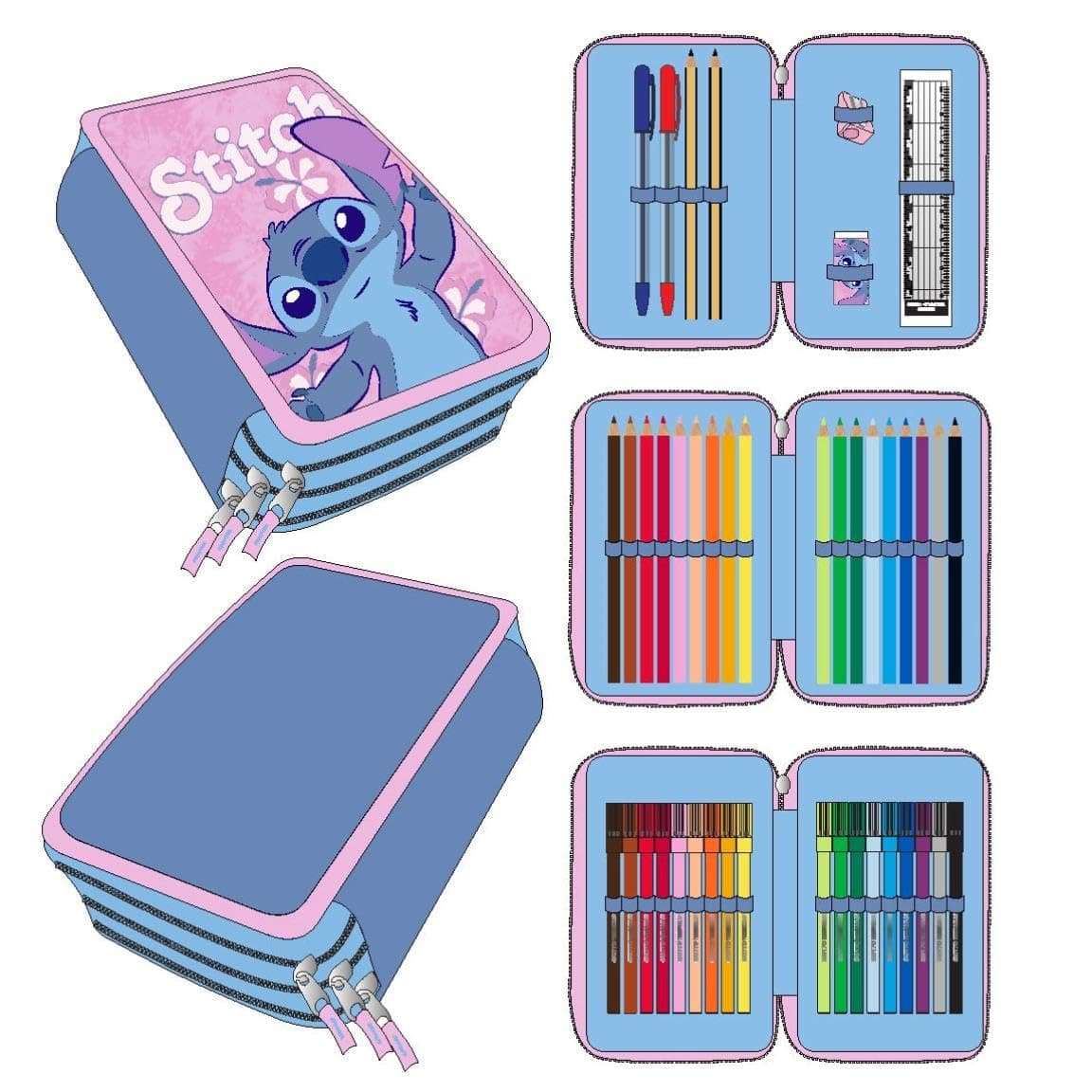 CERDÁ LIFE'S LITTLE MOMENTS Stitch School Pencil Case for Children Pink Zip 12.5 x 6.5 x 19.5 cm Triple Compartment Includes Accessories Original Product Designed in Spain Pink Pencil Case