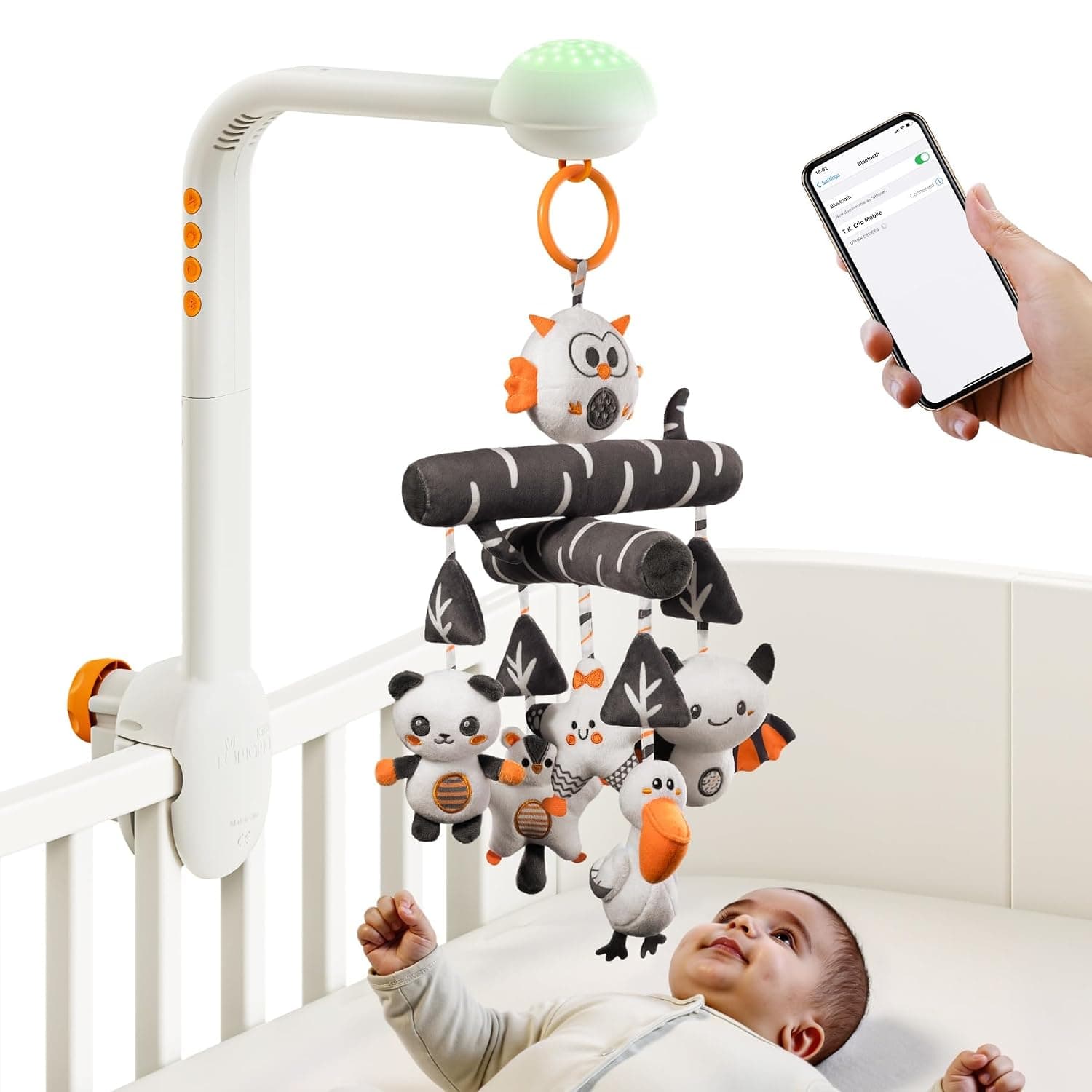 TUMAMA Baby Crib Mobile, High Contrast Toy with Projection Night Light, Music and White Noise,Black and White Soft Plush Animal Hanging Toy for Infant 0 3 6 9 Months Newborn Gift