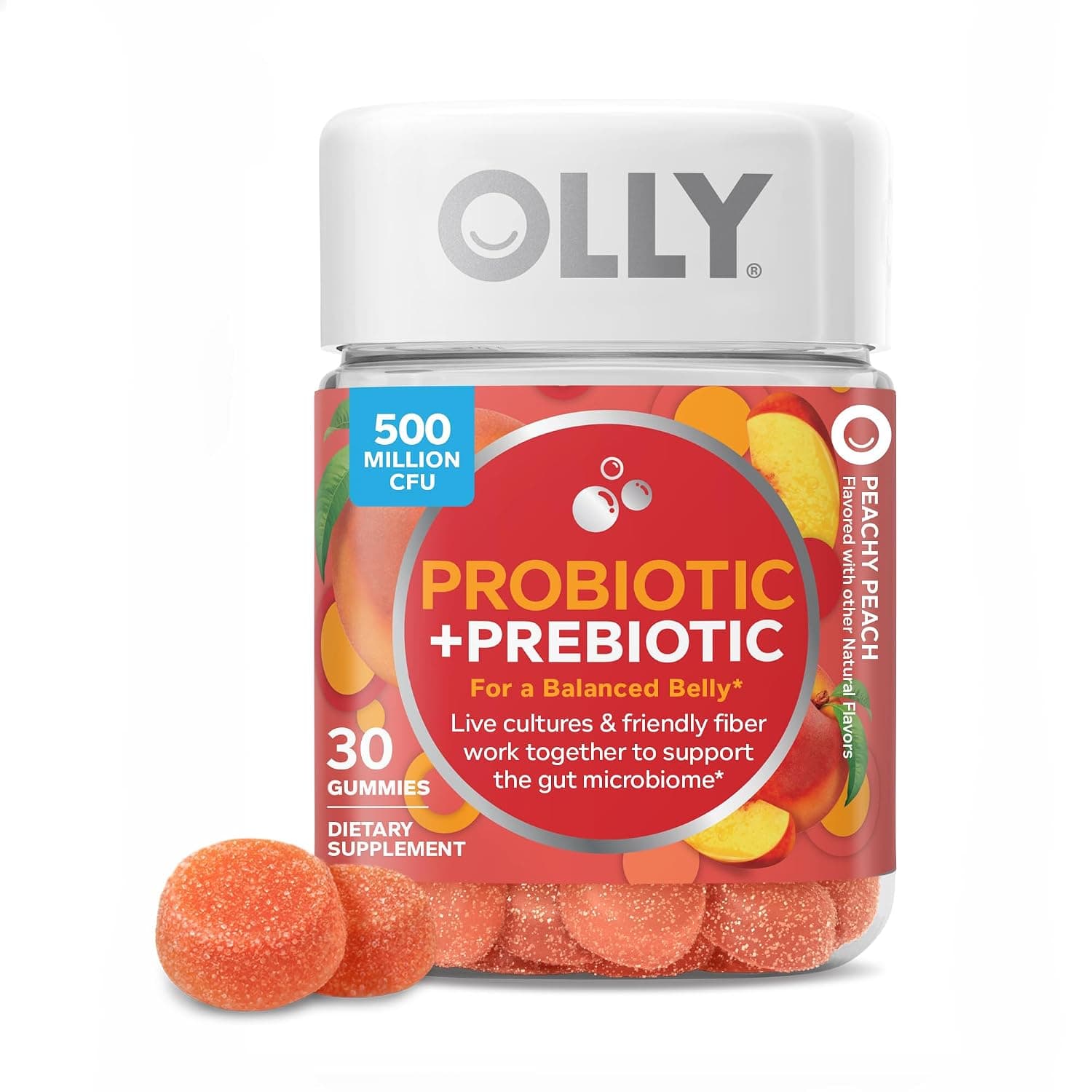 OLLY Balanced Belly Gummy Supplements, Peachy Peach, 30 Count