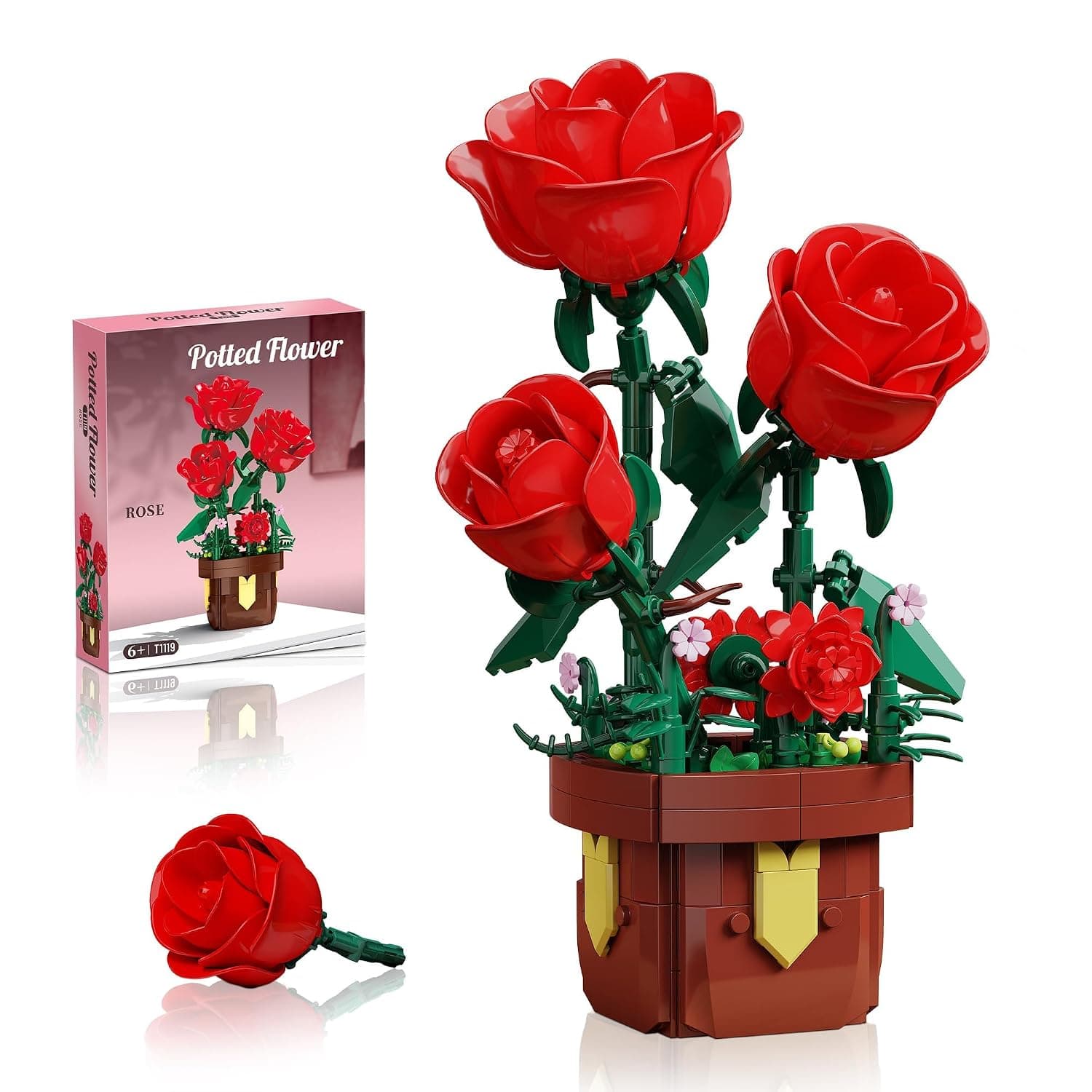 Artificial Roses Flower Building Kit, DIY Botanical Bonsai Blocks Puzzle Set for Adults Women, Creative Indoor Home Office Decor for Table Display, Gifts for Anniversary Birthday Easter Christmas