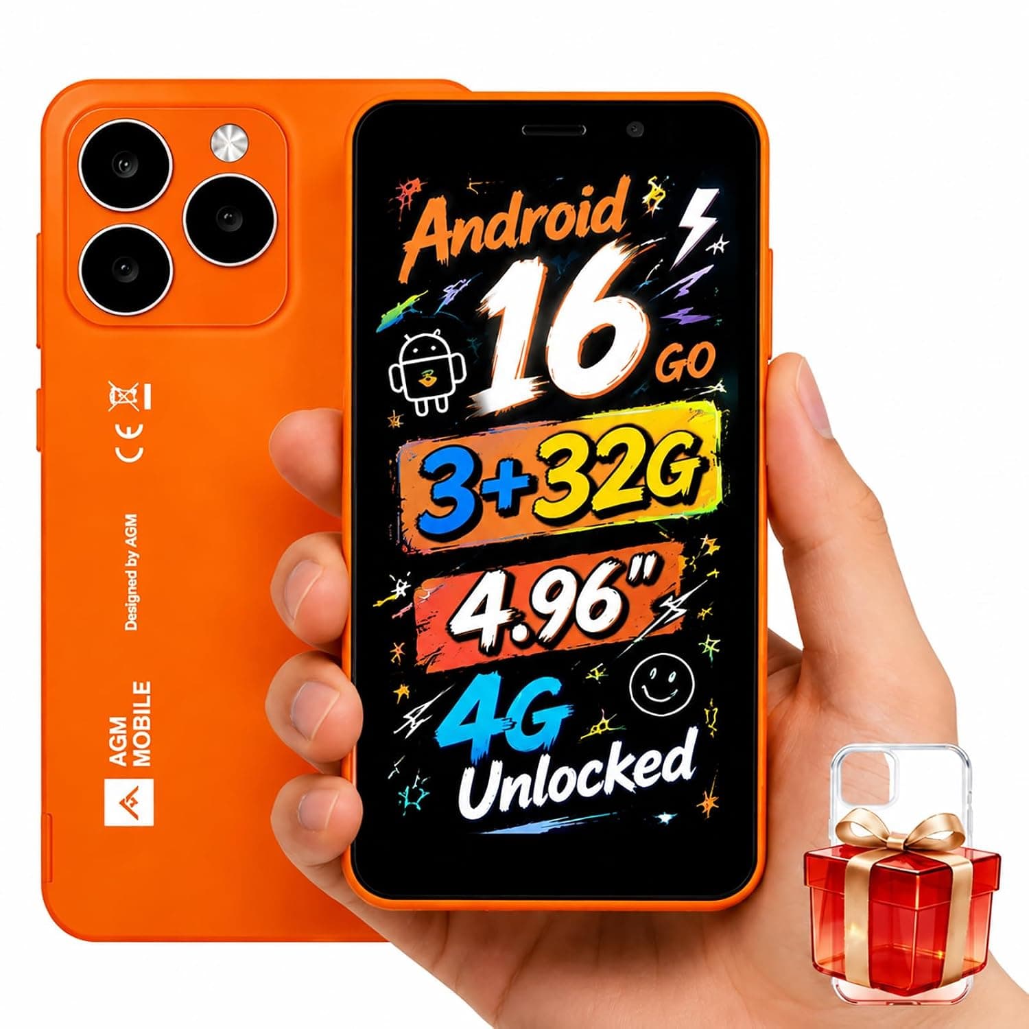 AGM 4G Unlocked Mini Smartphone, 4.96" one-hand compact screen with Android 16 Go. IP54 dustproof splashproof, 3000mAh battery, Dual SIM, 256GB expandable for backup, elderly and outdoor use. (Orange)