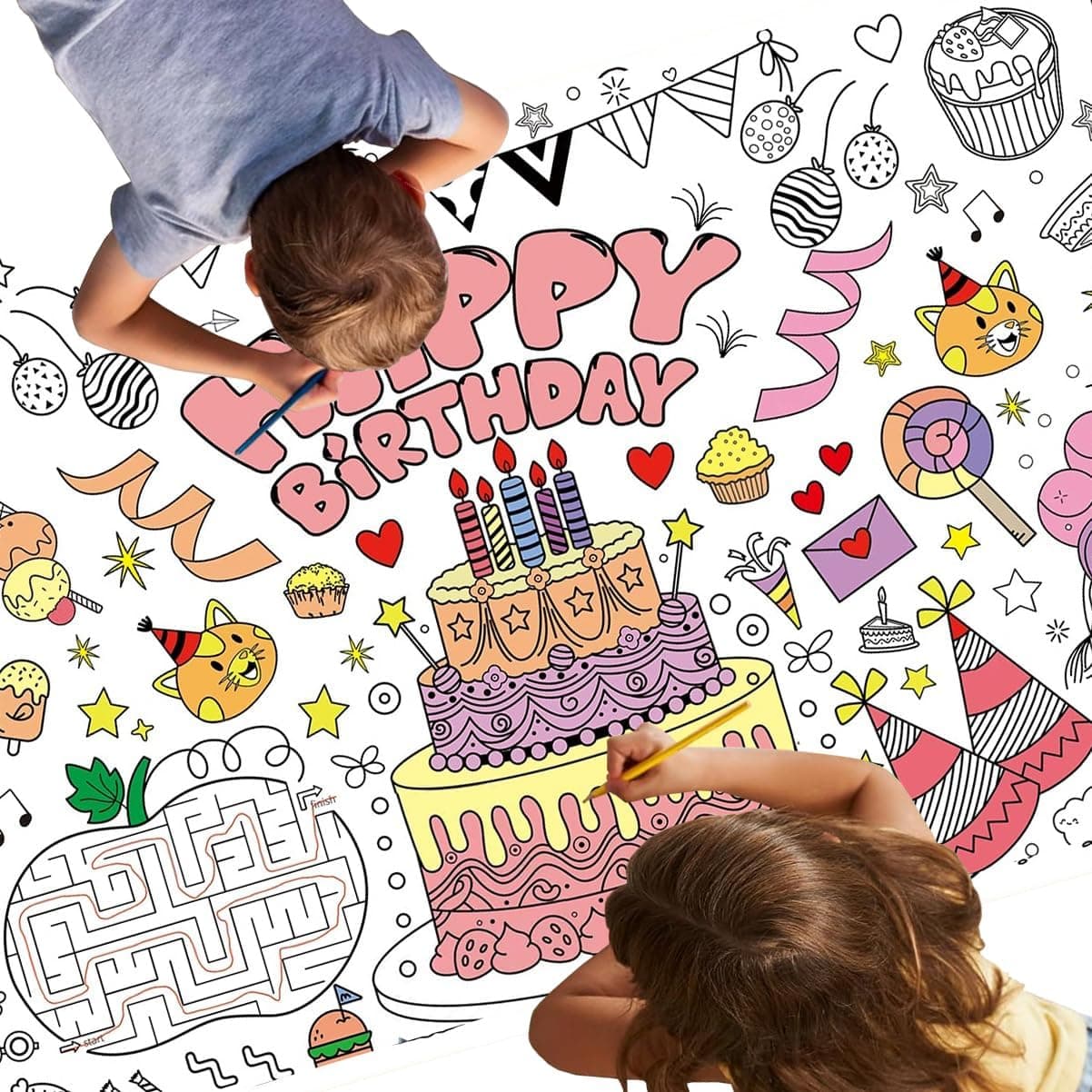 Happy Birthday Giant DIY Coloring Poster, Large 30 x 72 Inch Paper Table Cover, for Creative Group Drawing and Art Crafts, for Parties and School Activities