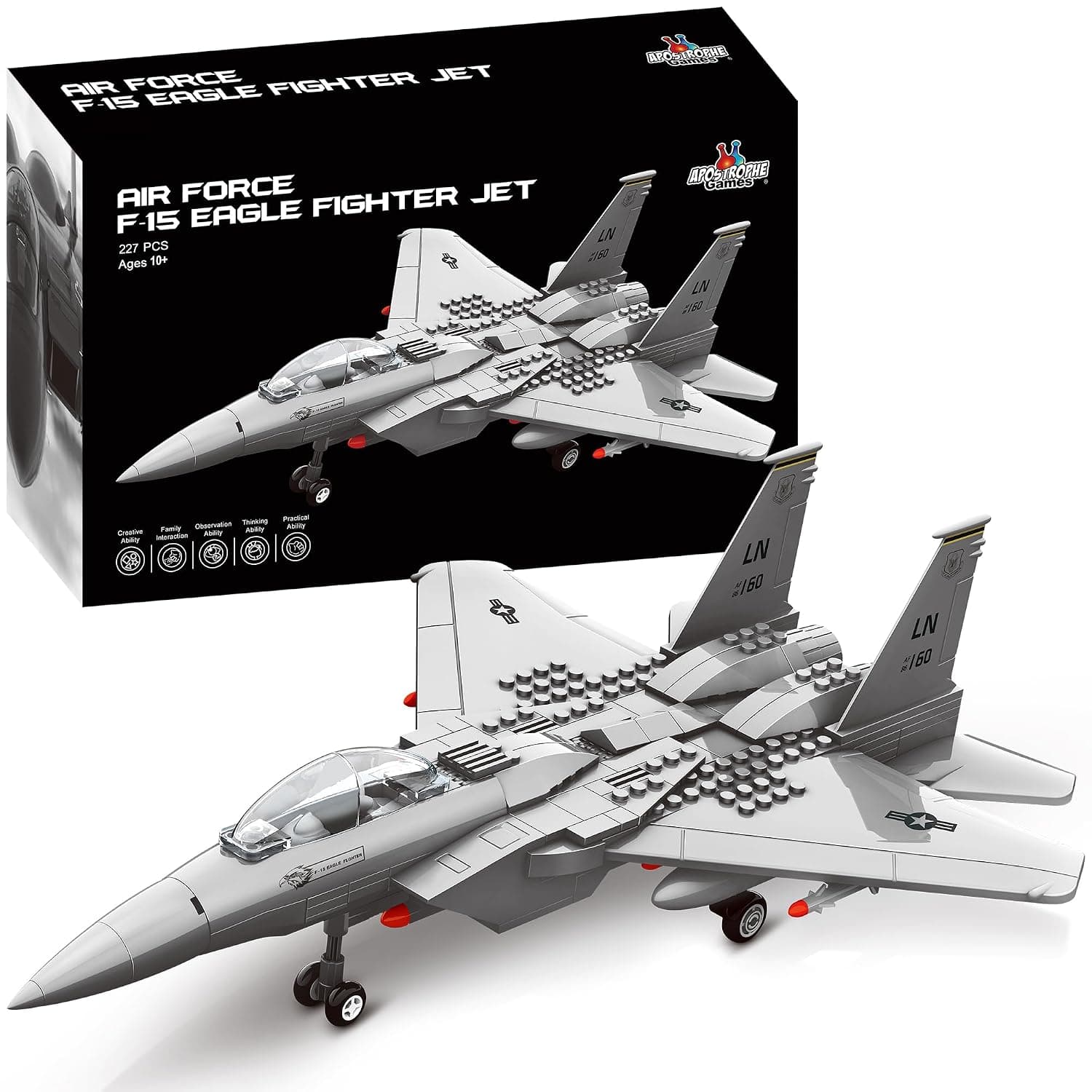Apostrophe Games Fighter Jet Building Block Set - 227-Piece F-15 Eagle Fighter Jet Construction Toy Set - Building Block Plane Toy for Children from 10 Years and Adults - Compatible with All Building