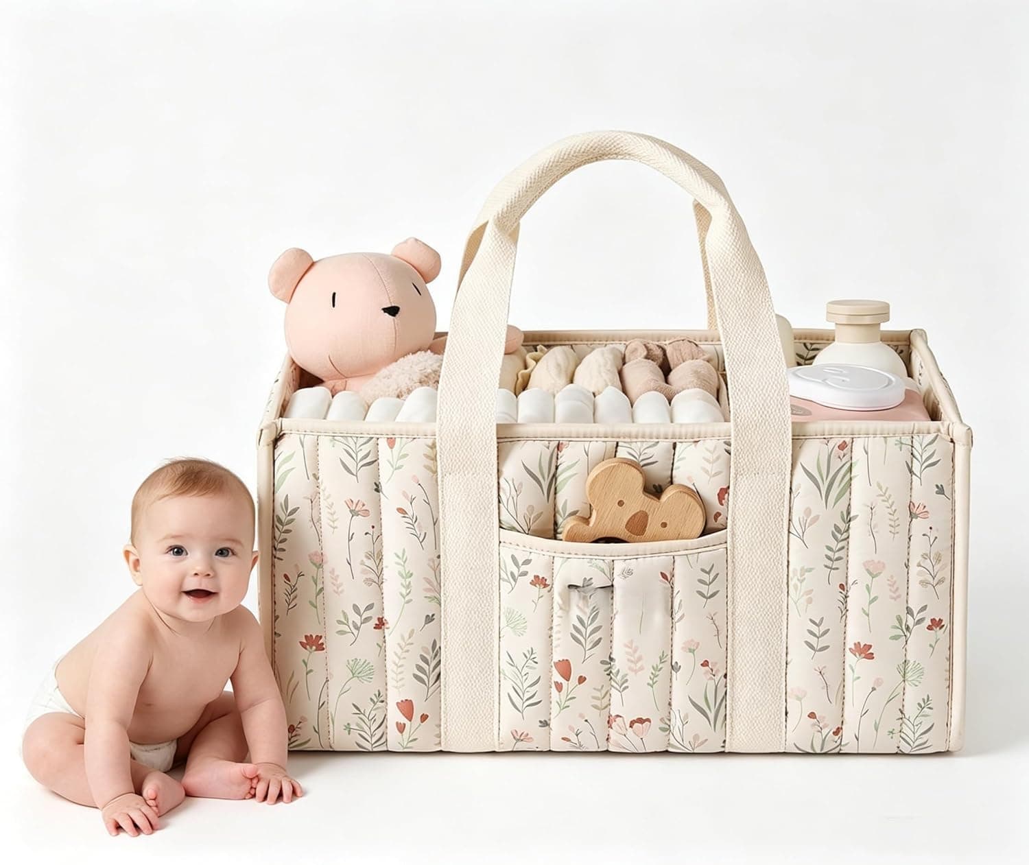 Baby Diaper Caddy Organizer - Portable Nursery Storage Basket for Changing Table, Car & Home Use, Multi-Compartment Diaper & Wipes Holder | سلة حفاضات أطفال (Floral Beige)