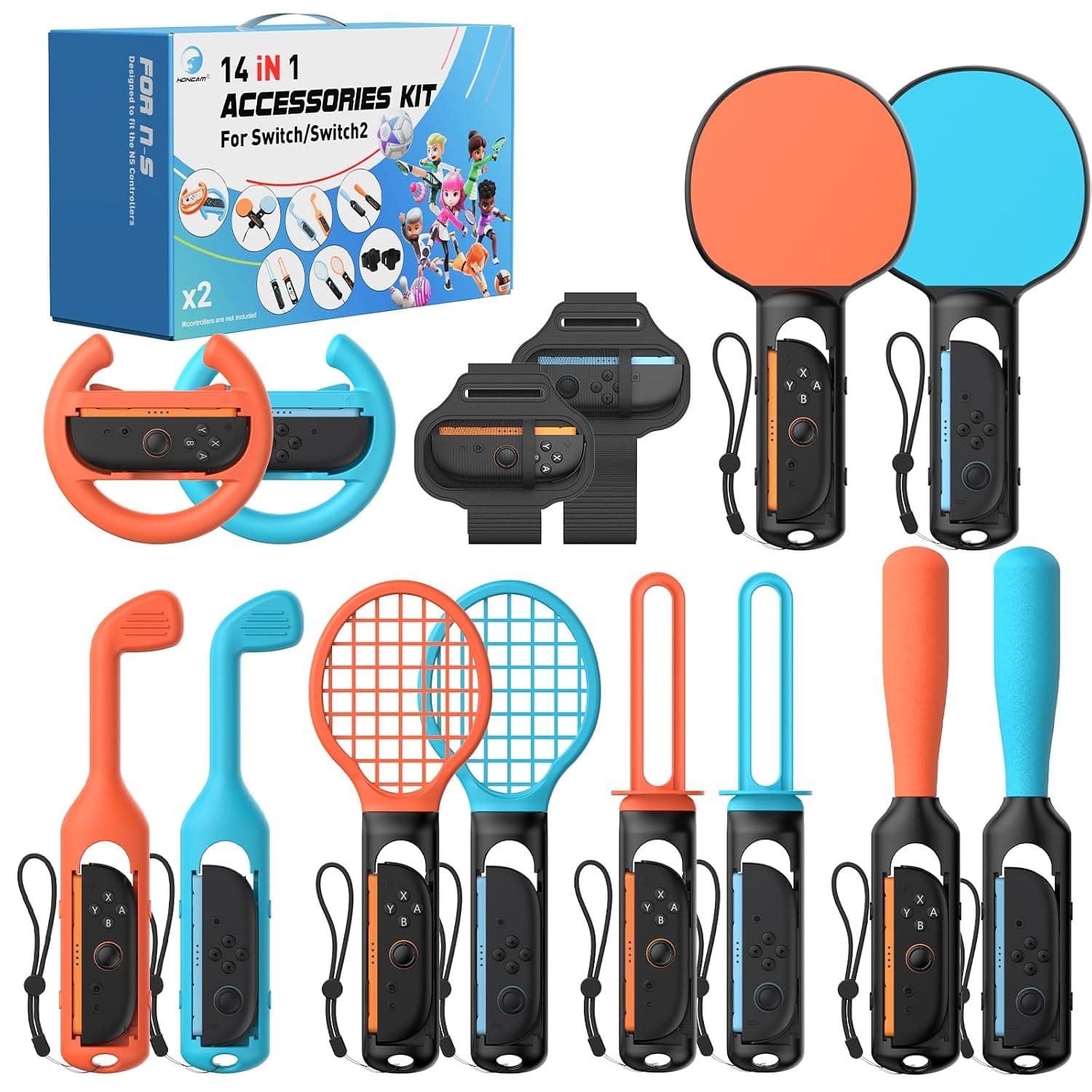 HONCAM Sports Accessories Kit for Nintendo Switch & Switch 2, 14 in 1 Gaming Bundle with Tennis Rackets, Golf Clubs, Baseball Bats, Ping Pong Paddles, Leg Straps, Sword Grips & Steering Wheels