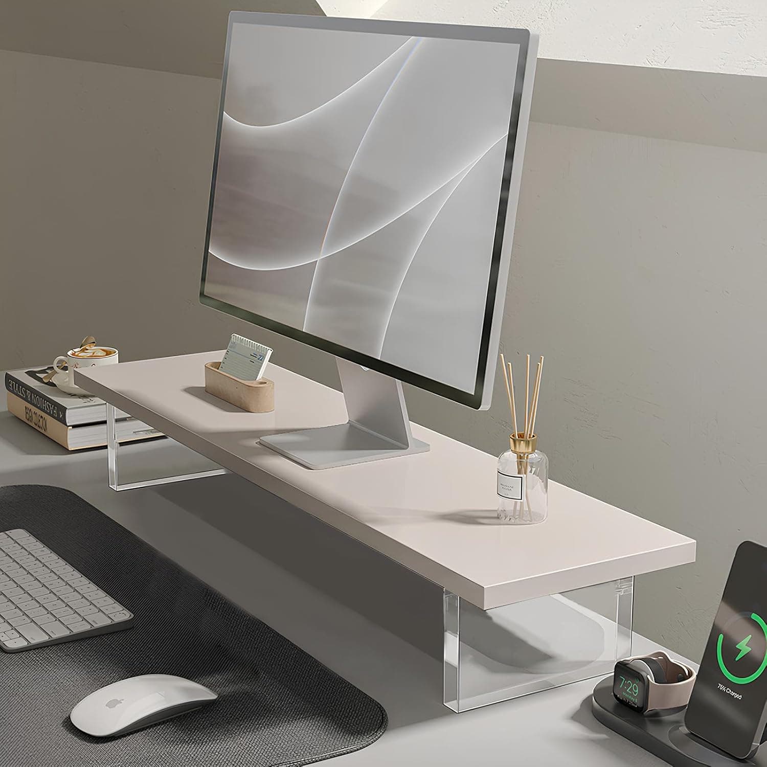 Anspect White Monitor Stand Riser, 60cm Wood Desk Organizer for Laptop, PC, Printer & TV, Ergonomic Computer Stand with Keyboard Storage, Sturdy Desktop Shelf