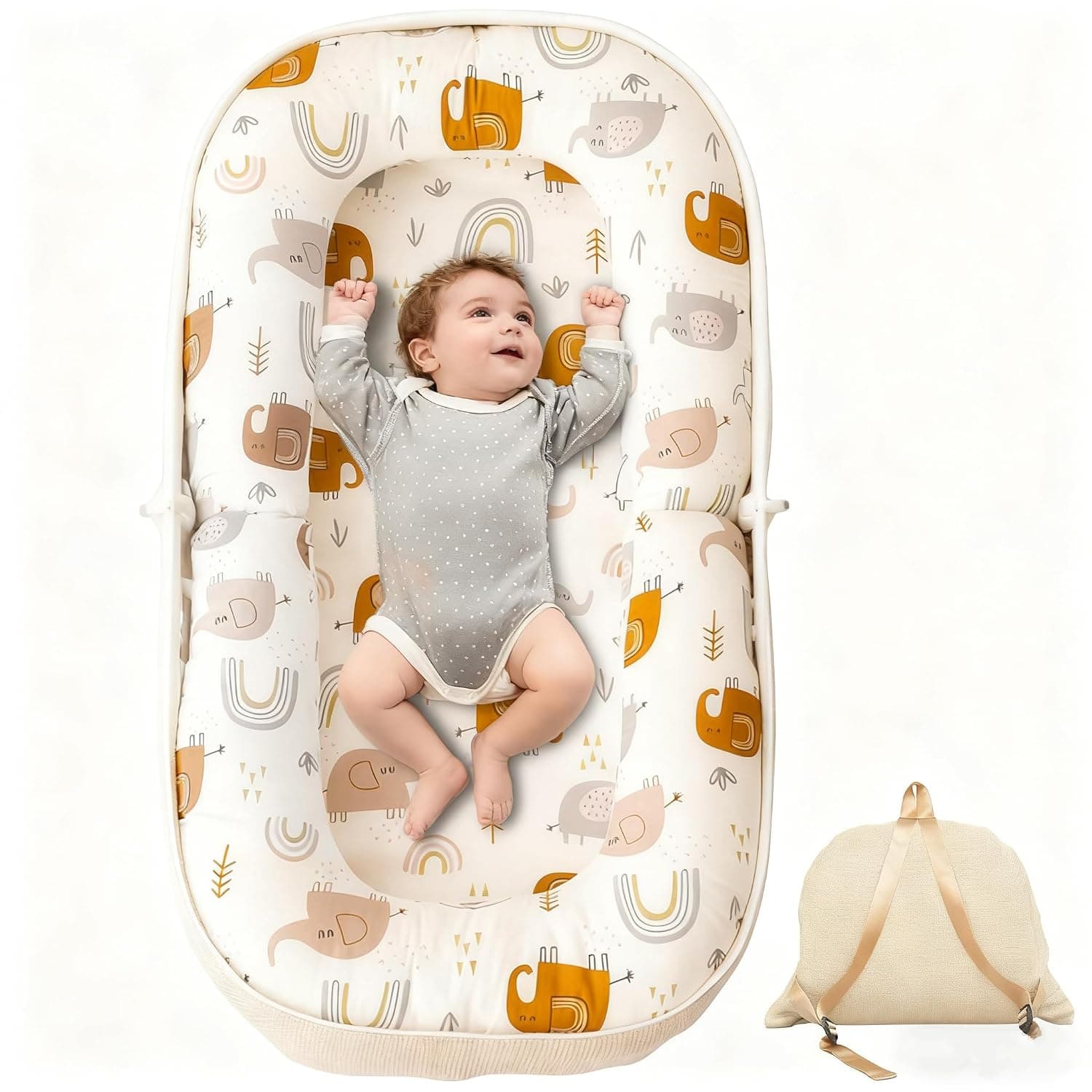 Baby Lounger, Foldable Infant Nest Pillow with Soft Memory Foam Mat, Cover with Adorable Pattern, Converts to Backpack for Easy Travel, Suit for 0-12 Months Infant (Elephant)