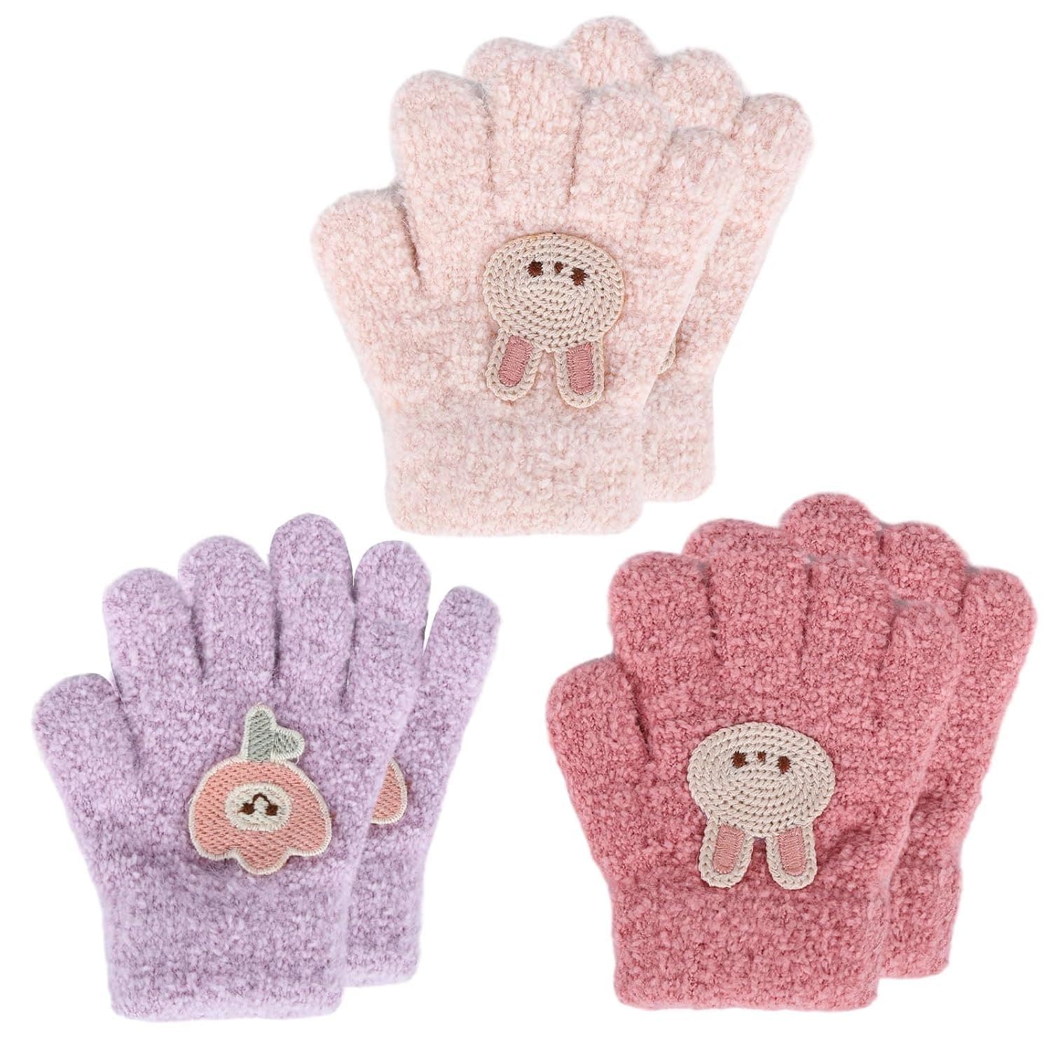 3 Pairs Kids Gloves, Winter Warm Gloves for Boys Girls, Knitted Stretchy Soft Full Finger Gloves, Plush Solid Color Gloves Suitable for Age 1-3 Years Old