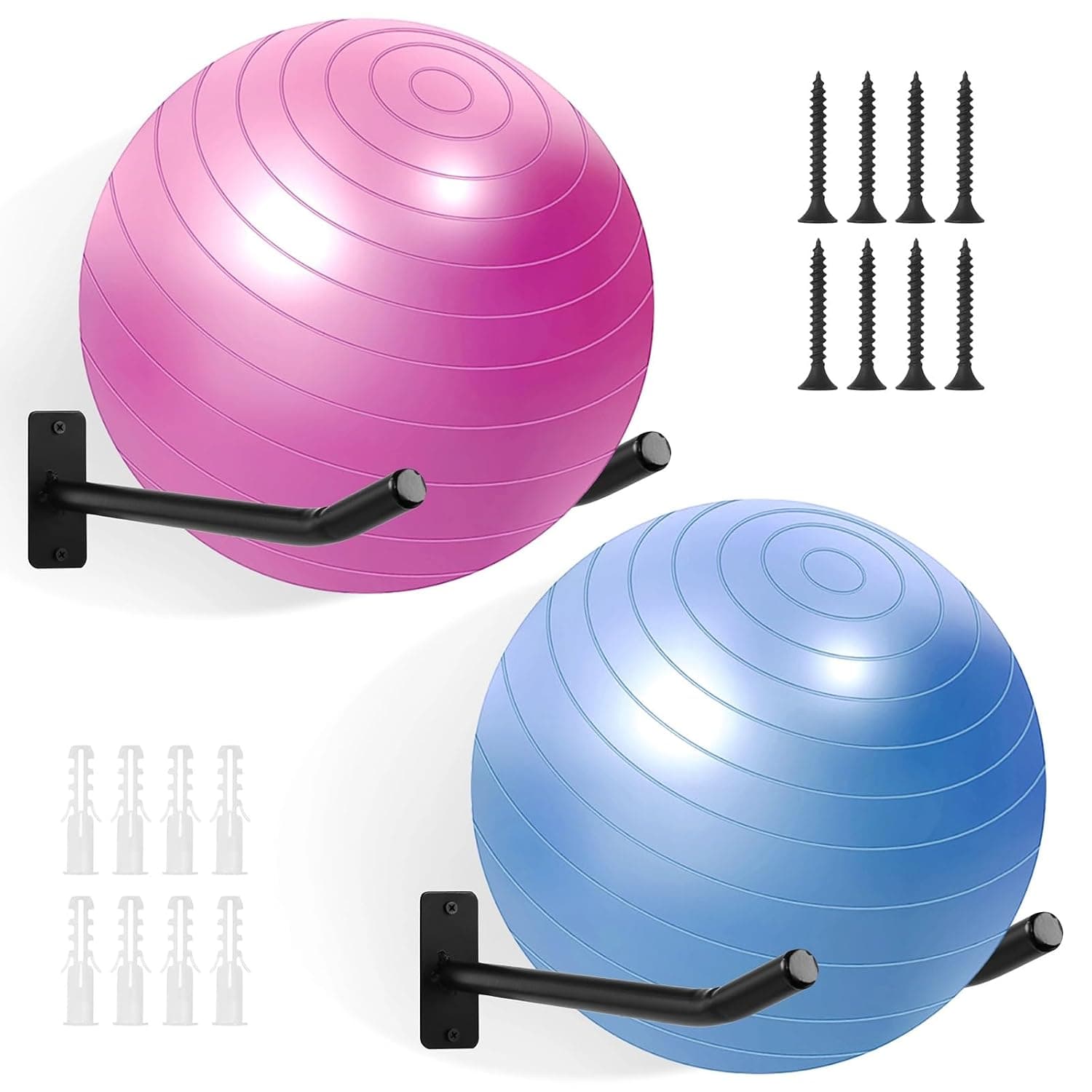 Medicine Ball Rack, 2 Pairs Yoga Ball Racks, Exercise Ball Wall Holder, Fitness Ball Wall Rack for Gym, Garage Ladder Wall Mount, Metal Storage Wall Rack for Basketballs, Volleyballs