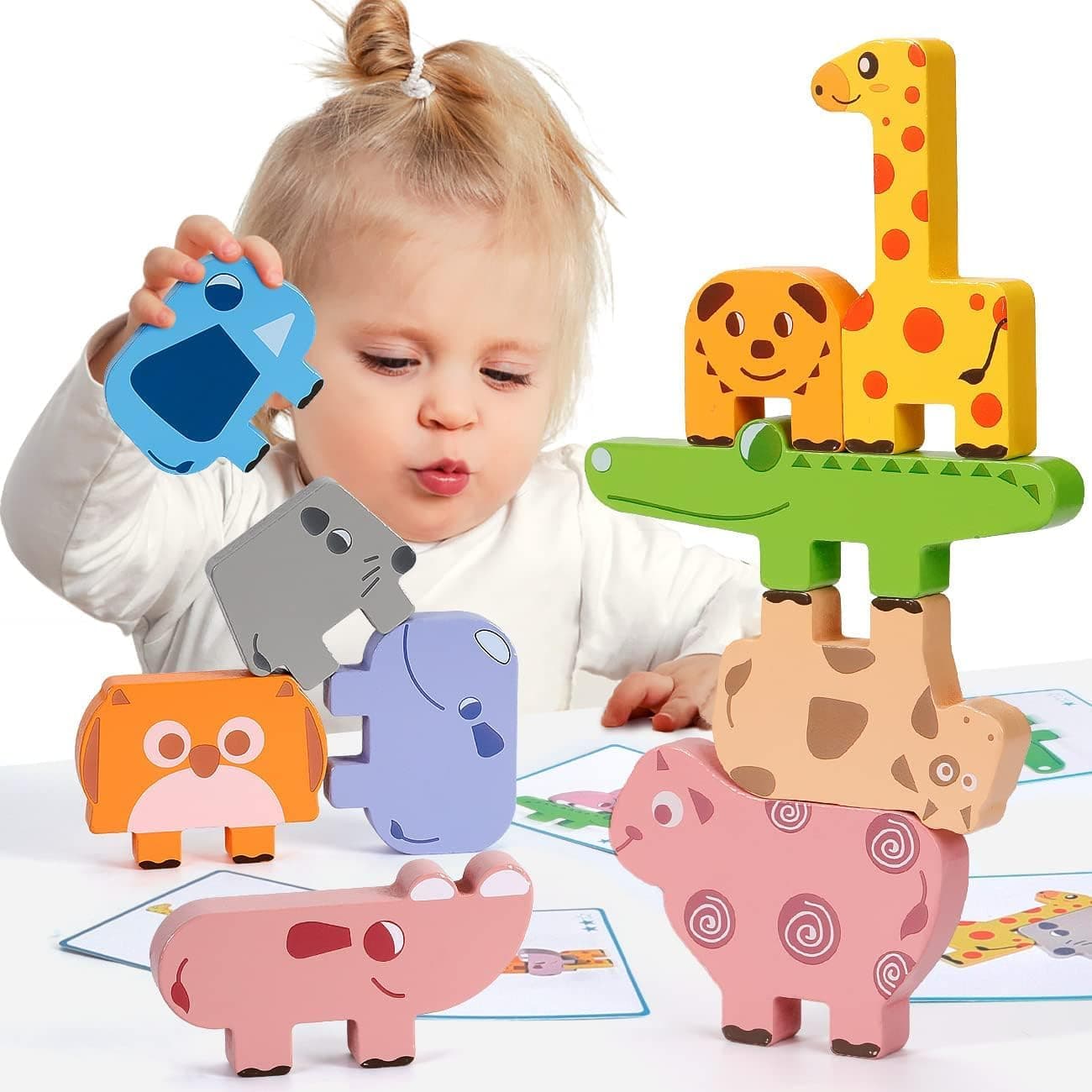 XICEN Montessori Toys for 2-4 Year Olds, 10 Wooden Animal Blocks, Animal Color Sorting and Stacking Toys for Toddlers 2-4 Years Old, for Girls Boys.