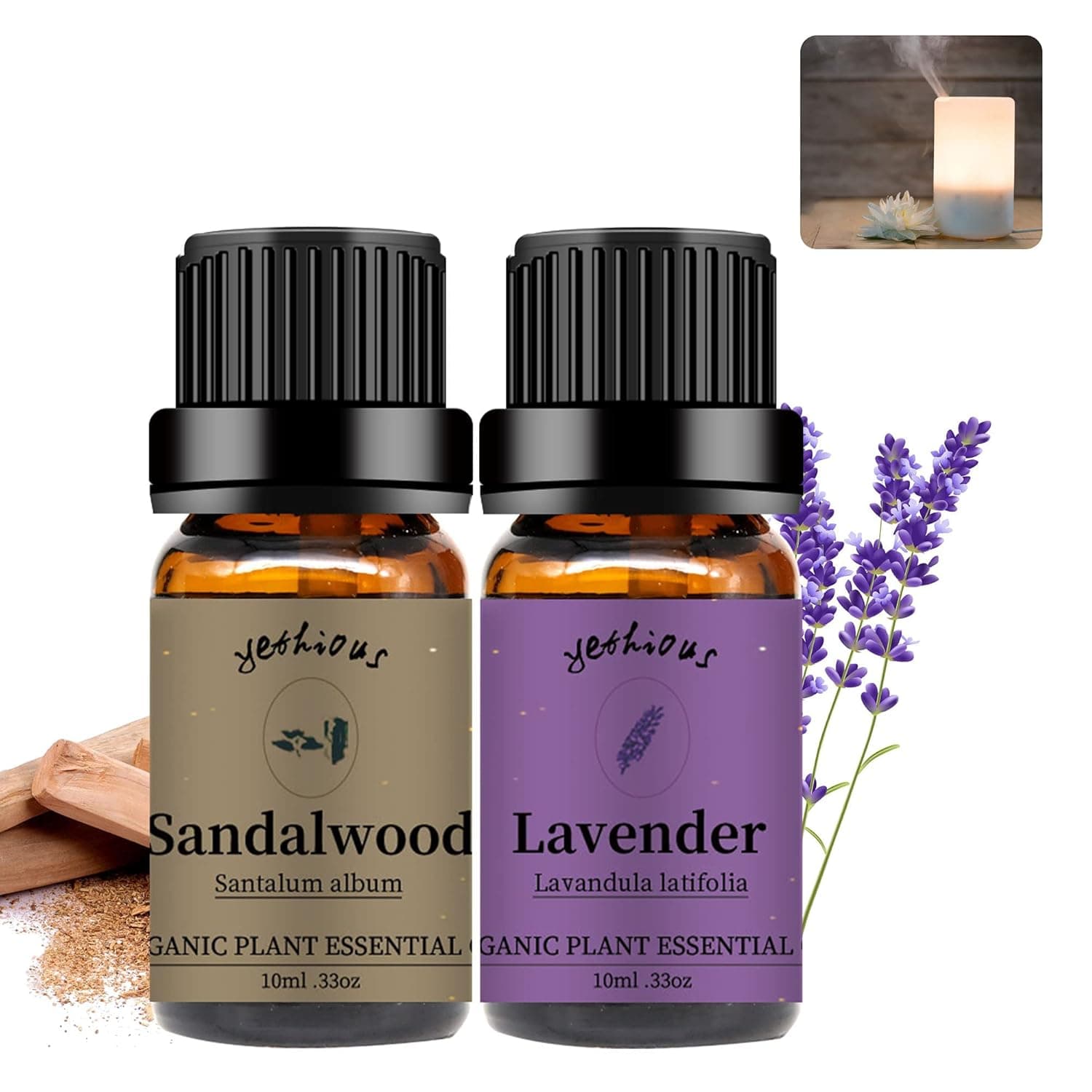 yethious Lavender Sandalwood Essential Oil Set for Diffuser & Aromatherapy | 2 x 10 mL, woody sandalwood and soft lavender for layered perfume blends, candles, soap, wax melts and home fragrance DIYs