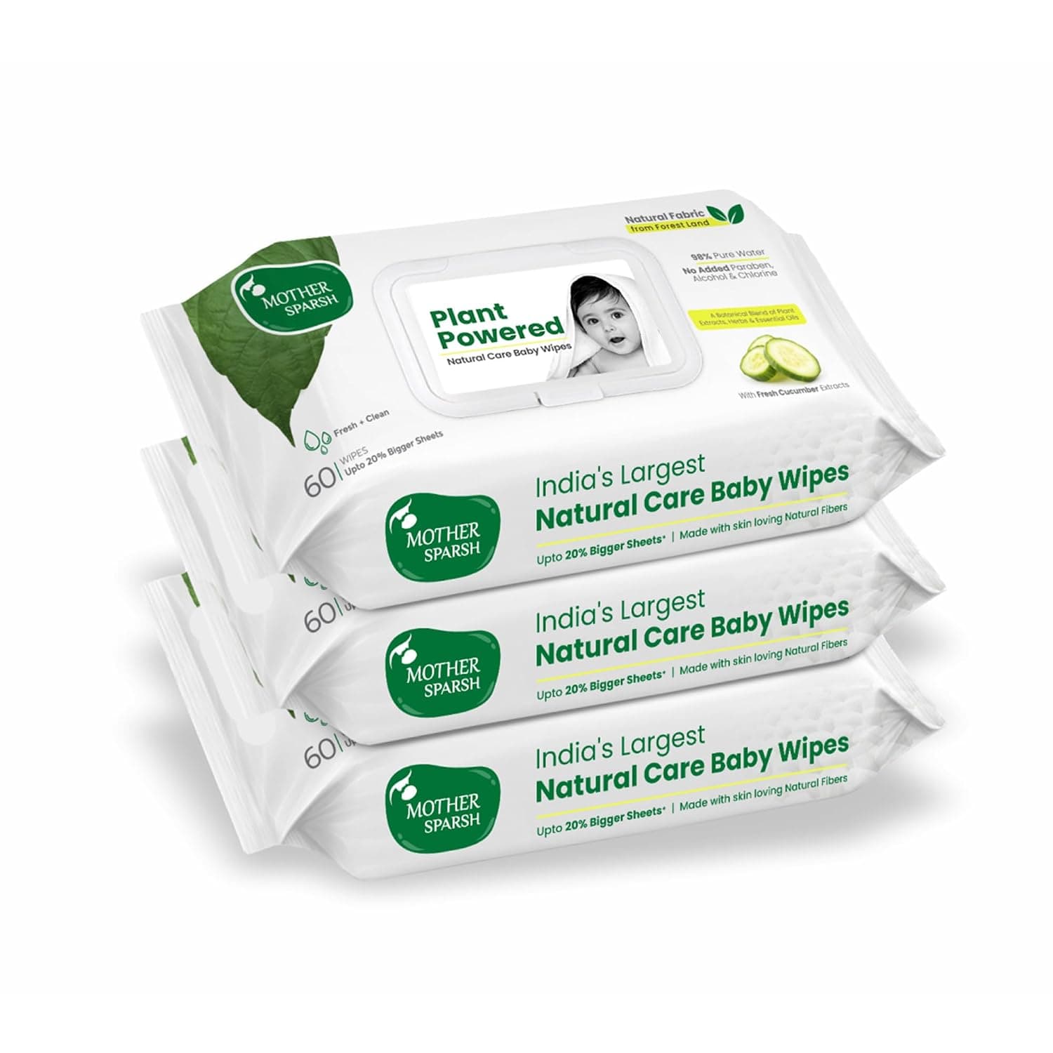 Mother Sparsh Natural Care Baby Wet Wipes with Lid|100% Plant Made Fabric From Forest Land|Fresh+Cleanse(with Cucumber) Plant Powered Wet Wipes For Baby,Cotton Cloth Like Bigger Sheets|180 Pc