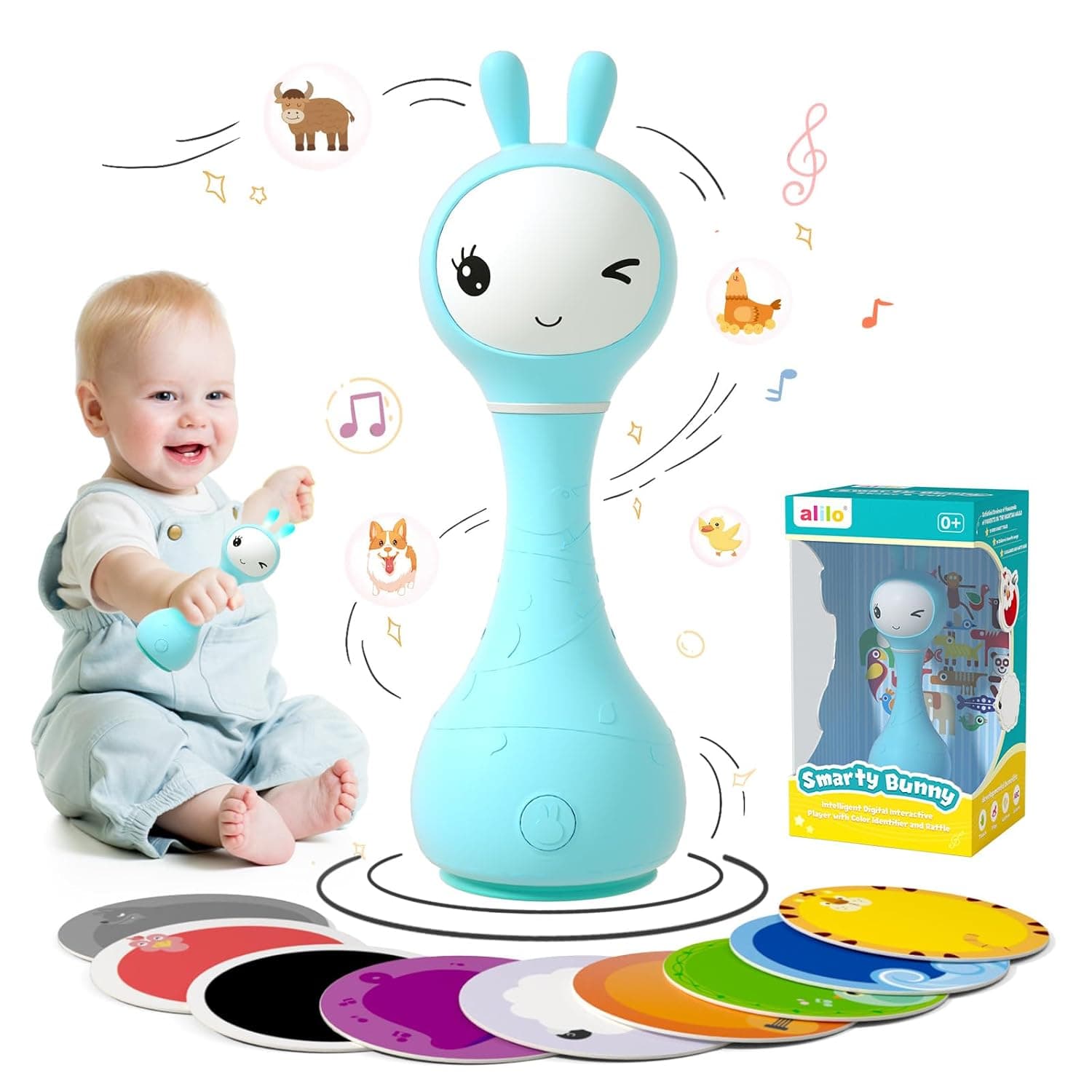 alilo Smarty Baby Toys 0-12 Months Baby Rattle for Music Bedtime Stories Sleep Soother Rechargeable Light Up Toys Soft Ears Baby Teething Toys for 0-2 Years Newborn Infants Gifts for Girls Boys, Blue