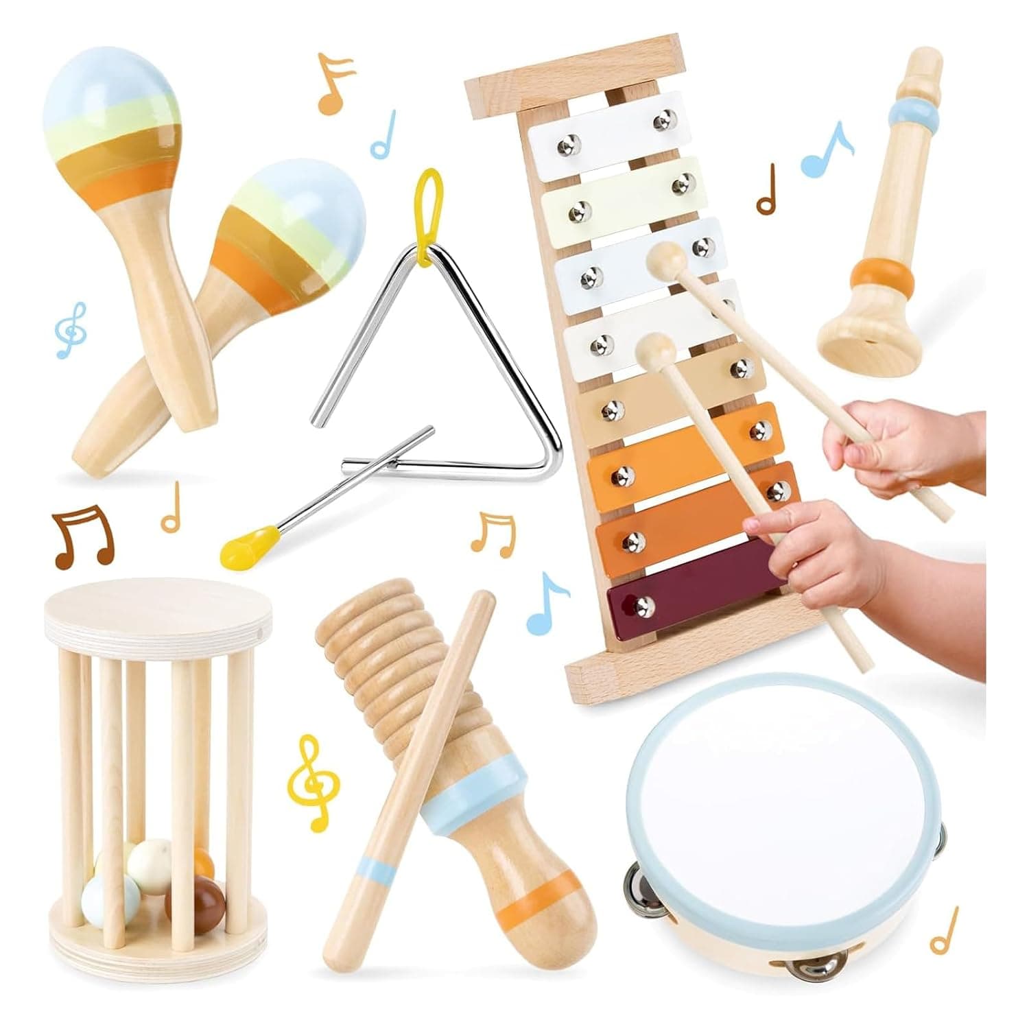 Kids Wooden Percussion Instruments Toy Set,7 in 1 Toddlers Montessori Musical Toys Music Enlightenment Percussion Toy Preschool Educational Music Toys for Boys Girls