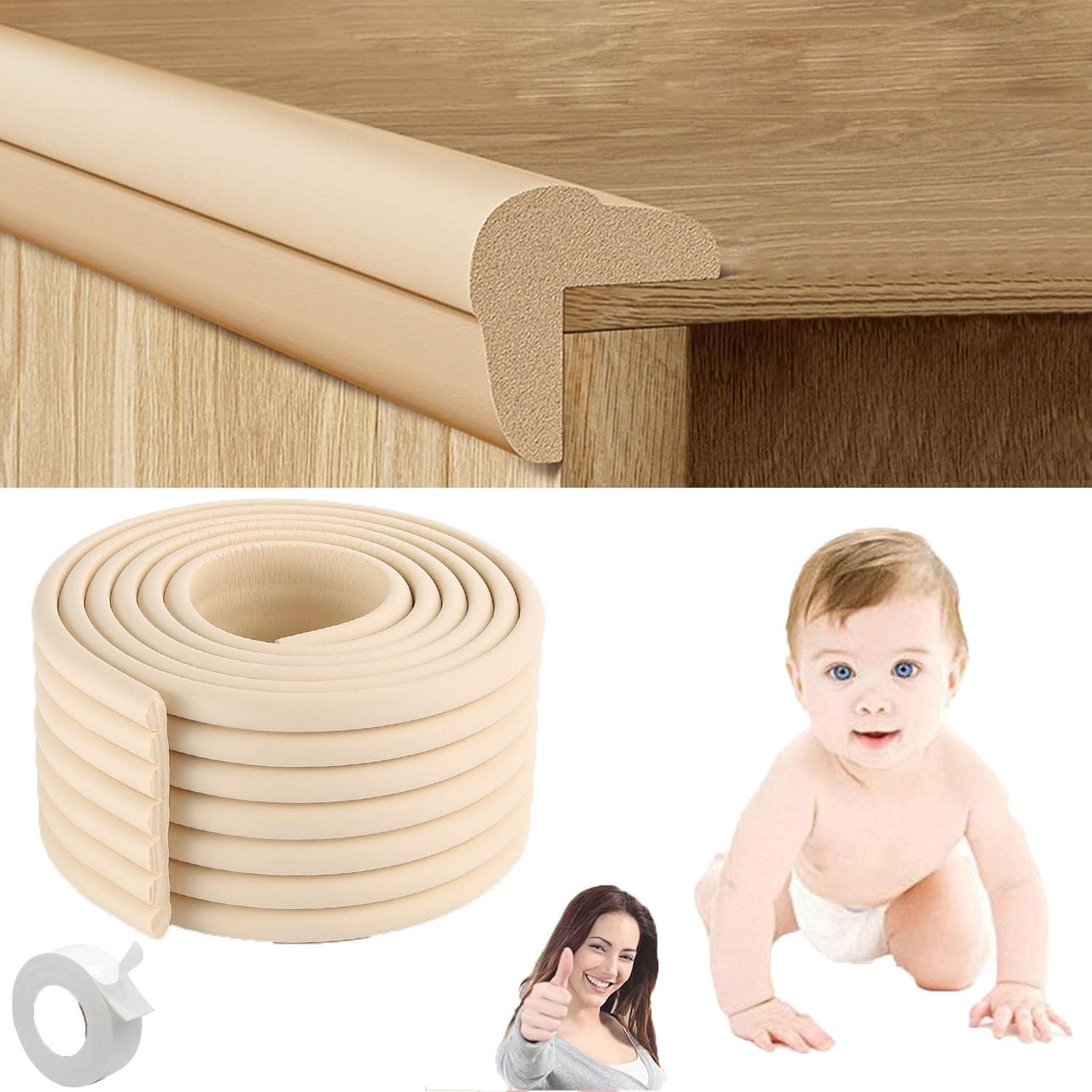 Safety Edge Corner Protector 2M, Foam Safety Strips for Baby, Furniture Edge and Corner Protector Guards, Soft Rubber Foam Edge Bumpers with Double-side Tape for Furniture Table Fireplace (Beige)