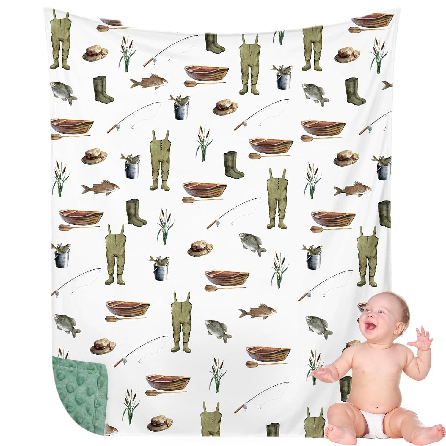 HunnmingRe Fishing Baby Blanket for Boys Double Layer Minky with Dotted Backing Soft Newborn Blanket Fishing Nursery Decor Essentials Registry Must Have for Toddler Newborn, 30 x 40 Inch
