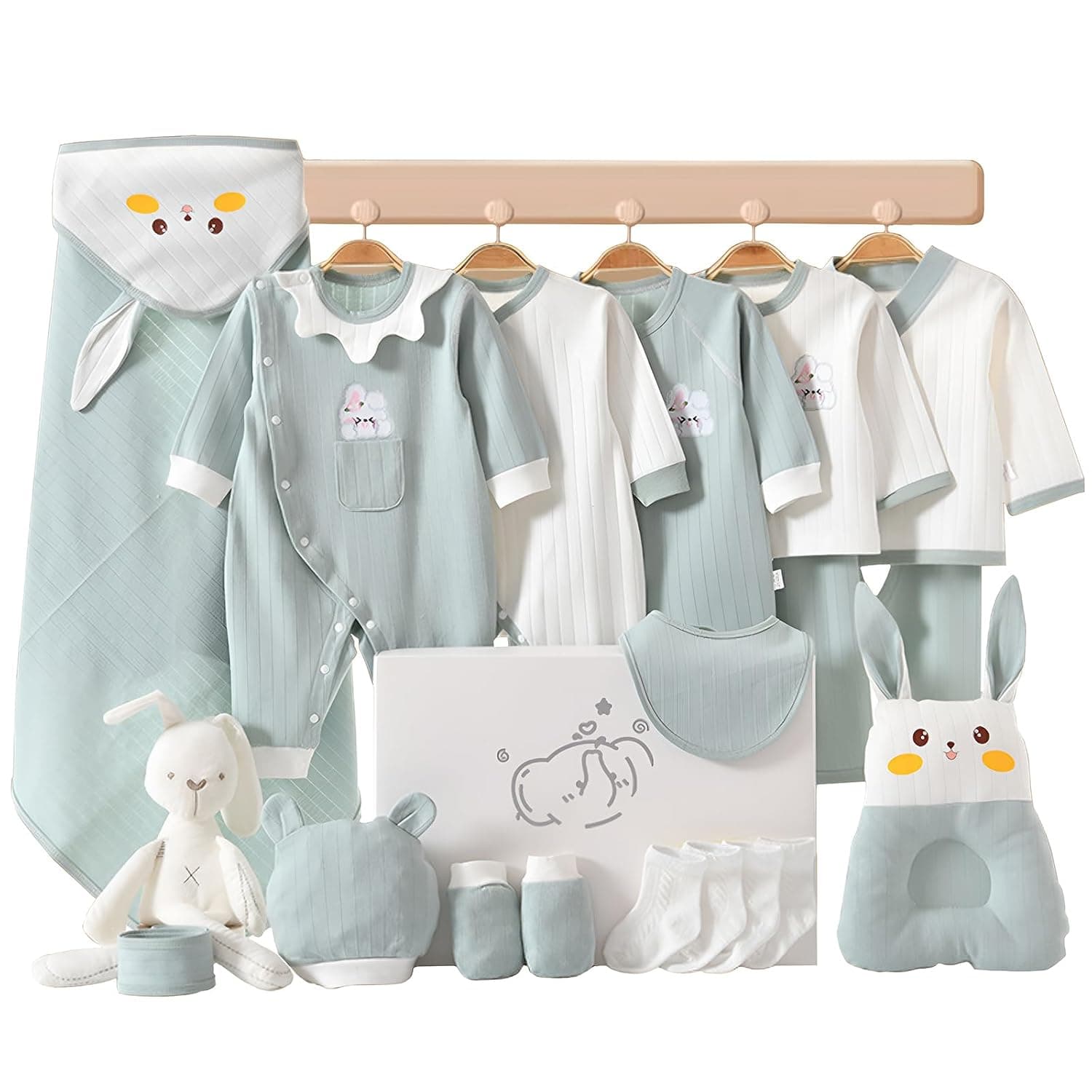 19PCS Newborn Baby Gift Set, Newborn Layette Gift Set for Boys and Girls, Babies Essential Clothes Accessories with Baby Blanket, Premium Cotton, for Spring Summer Autumn Winter Four Seasons