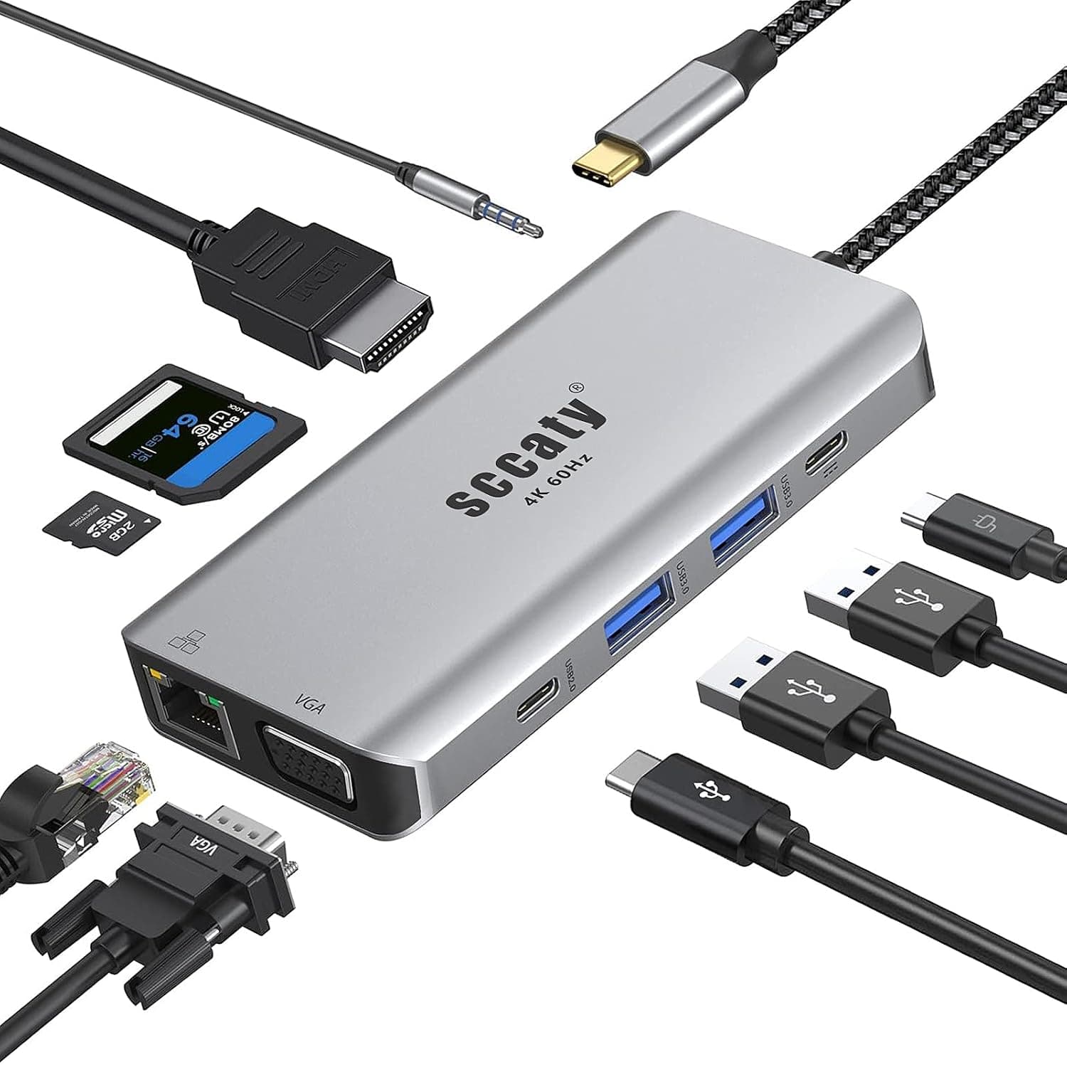USB C Hub 10 in1 with 4K@60Hz HDMI Port, 1000Mbps Ethernet Port, 100W PD Charging, VGA Port, 3.5mm Audio Port, SD 3.0 & TF 3.0 Card Reader, USB-C Hub, 2*USB 3.0 Port for USB-C Laptop and Type C Device