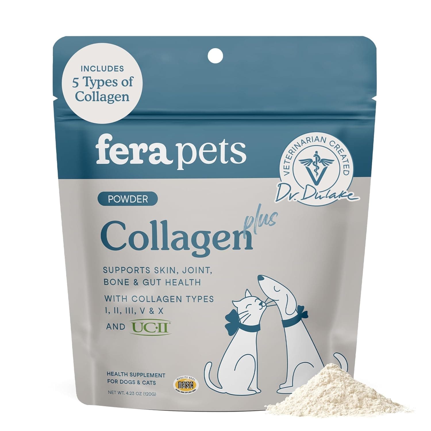 Fera Pets Cat & Dog Collagen Powder Dog Food Topper with UC-II - 4.23 oz | Pet Collagen Powder with 5 Types of Collagen & Clinically Studied UC II for Bone, Gut, Joint & Skin Health