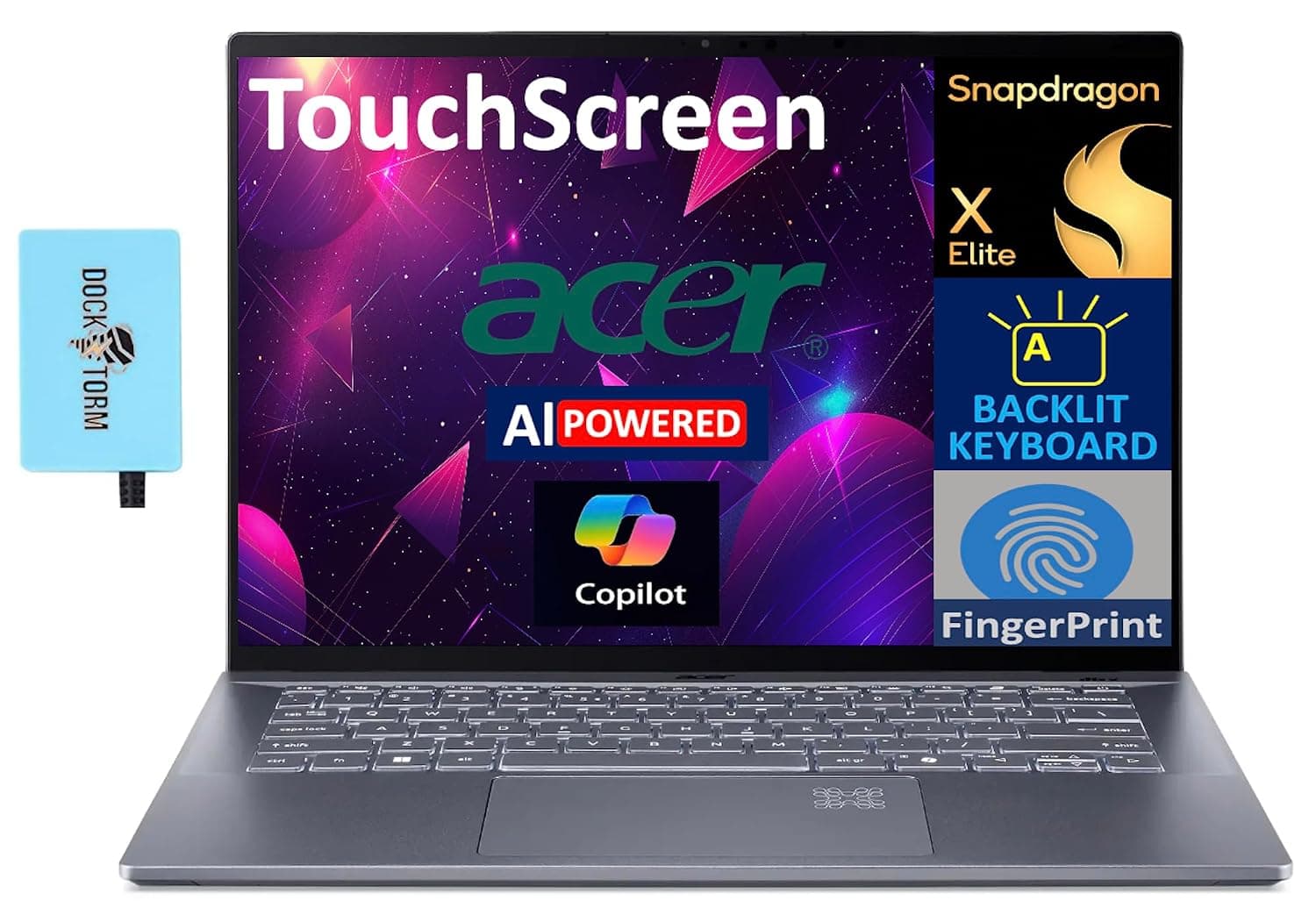 acer Swift 14 AI Copilot+ PC 14.5" Touchscreen 2.5K UHD 120Hz Display (Snapdragon X Elite X1E-78-100 12-core, 16GB DDR5, 1TB SSD, Qualcomm Adreno GPU, Backlit KB, FP, Win11Pro) w/DKZ USB Port Expander