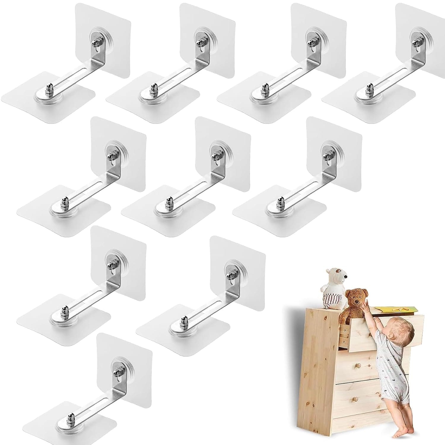 10 Pcs Self adhesive furniture wall anchor, no need to drill holes for child safety lock cabinets to prevent tipping, fixing bookcases, dressing tables,shelves to the wall to ensure child safety