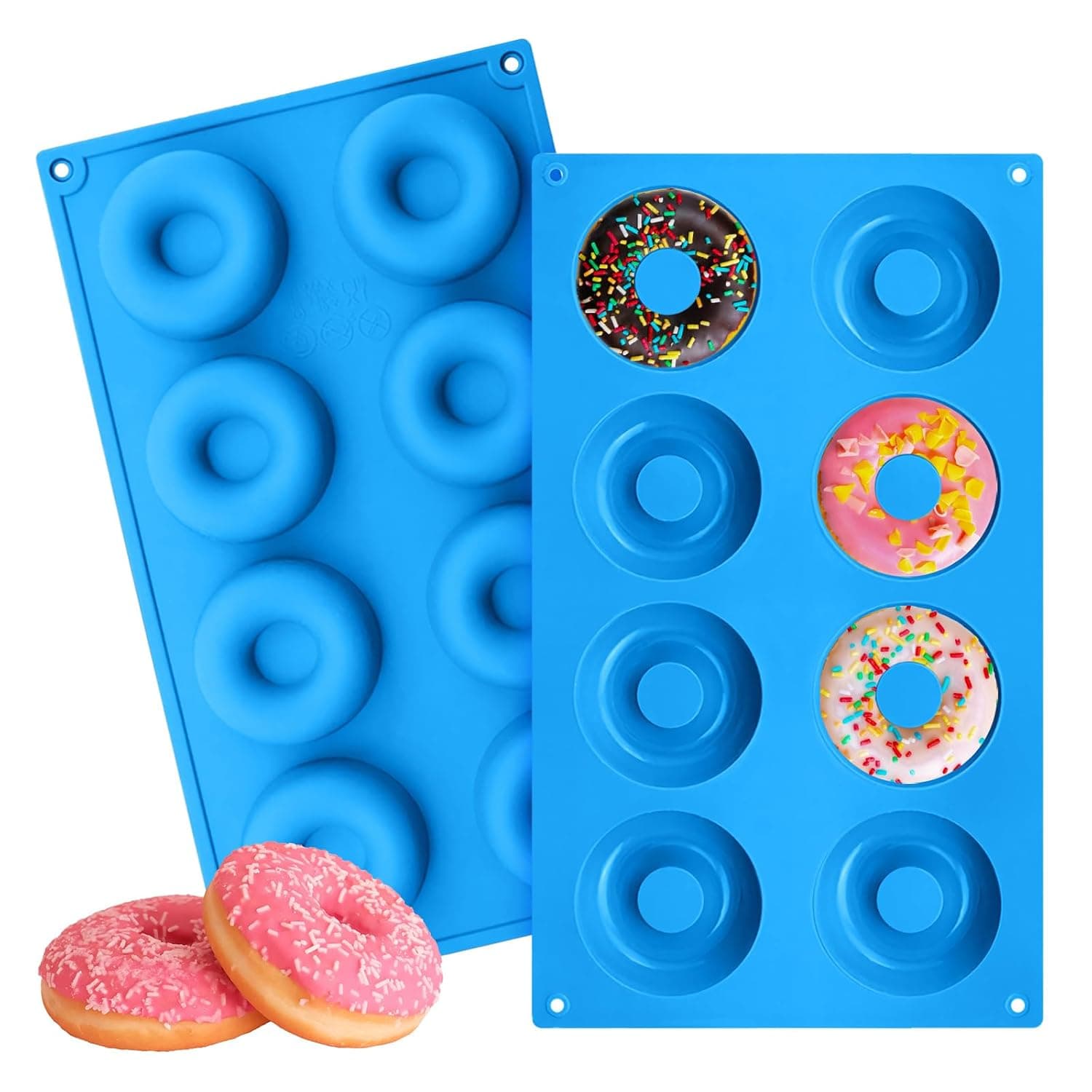Silicone Donut Molds-Non-Stick Food Grade Silicone Pans for Doughnut Baking,Dishwasher Safe, Heat Resistant and Microwave Safe (Blue, 8 Doughnuts)