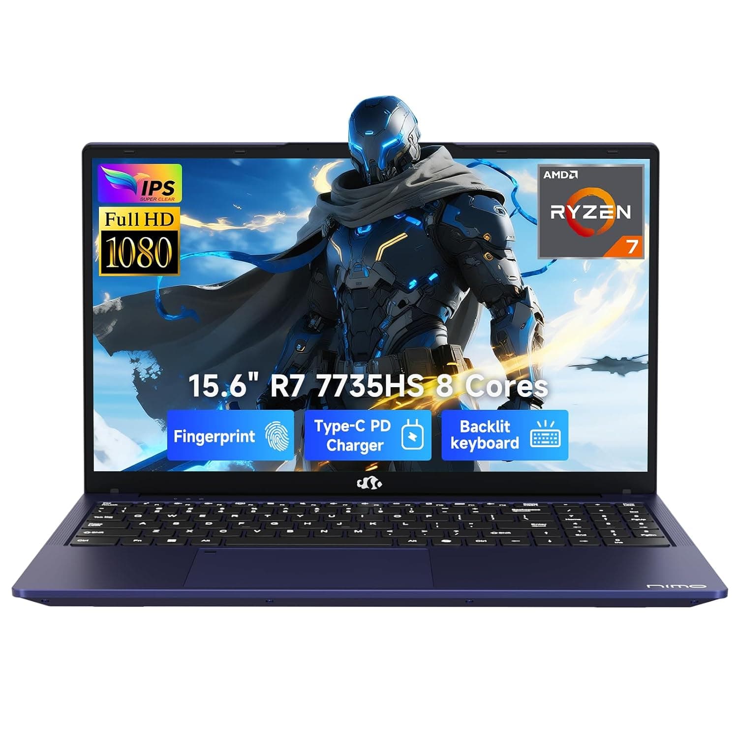 NIMO Gaming Laptop, 15.6" FHD Display, Ryzen 7 7735HS (8C/16T, Up to 4.75GHz) Computer, 32GB DDR5 2TB NVMe SSD, Radeon 680M Graphics, Backlit Keyboard, Fingerprint Unlock, PD 100W Type-C