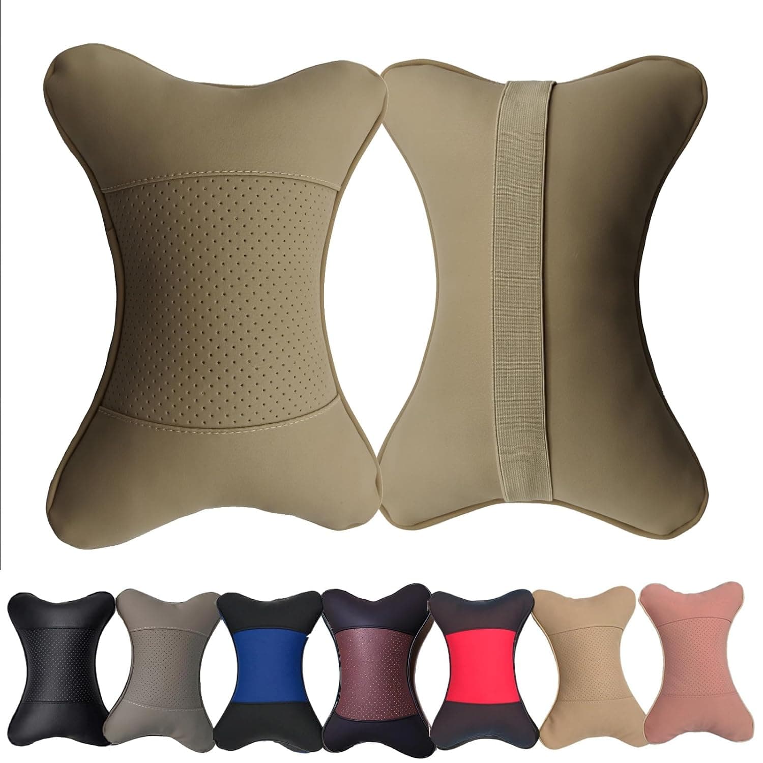 Car Neck Pillows Both Side Pu Leather 2pieces Pack Headrest Fit for Most Cars Filled Fiber Universal Car Pillow (Beige)